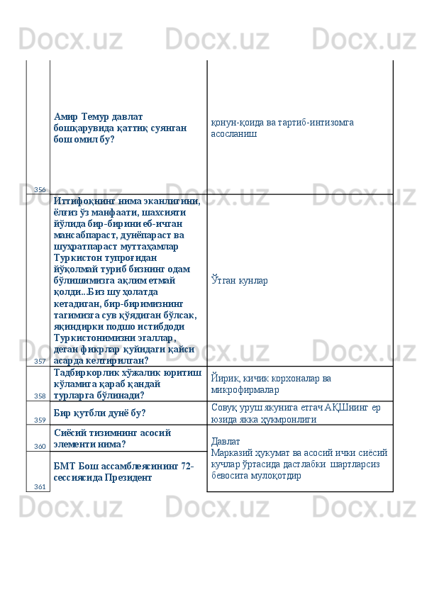 356 Амир Темур давлат 
бошқарувида қаттиқ суянган 
бош омил бу?  қонун-қоида ва тартиб-интизомга 
асосланиш 
357 Иттифоқнинг нима эканлигини, 
ёлғиз ўз манфаати, шахсияти 
йўлида бир-бирини еб-ичган 
мансабпараст, дунёпараст ва 
шуҳратпараст муттаҳамлар 
Туркистон тупроғидан 
йўқолмай туриб бизнинг одам 
бўлишимизга ақлим етмай 
қолди...Биз шу ҳолатда 
кетадиган, бир-биримизнинг 
тагимизга сув қўядиган бўлсак, 
яқиндирки подшо истибдоди 
Туркистонимизни эгаллар, 
деган фикрлар қуйидаги қайси 
асарда келтирилган?  Ўтган кунлар 
358 Тадбиркорлик хўжалик юритиш
кўламига қараб қандай 
турларга бўлинади?  Йирик, кичик корхоналар ва 
микрофирмалар 
359 Бир қутбли дунё бу?  Совуқ уруш якунига етгач АҚШнинг ер 
юзида якка ҳукмронлиги 
360 Сиёсий тизимнинг асосий 
элементи нима?  Давлат 
Марказий ҳукумат ва асосий ички сиёсий
кучлар ўртасида дастлабки  шартларсиз 
бевосита мулоқотдир 
361 БМТ Бош ассамблеясининг 72-
сессиясида Президент  
