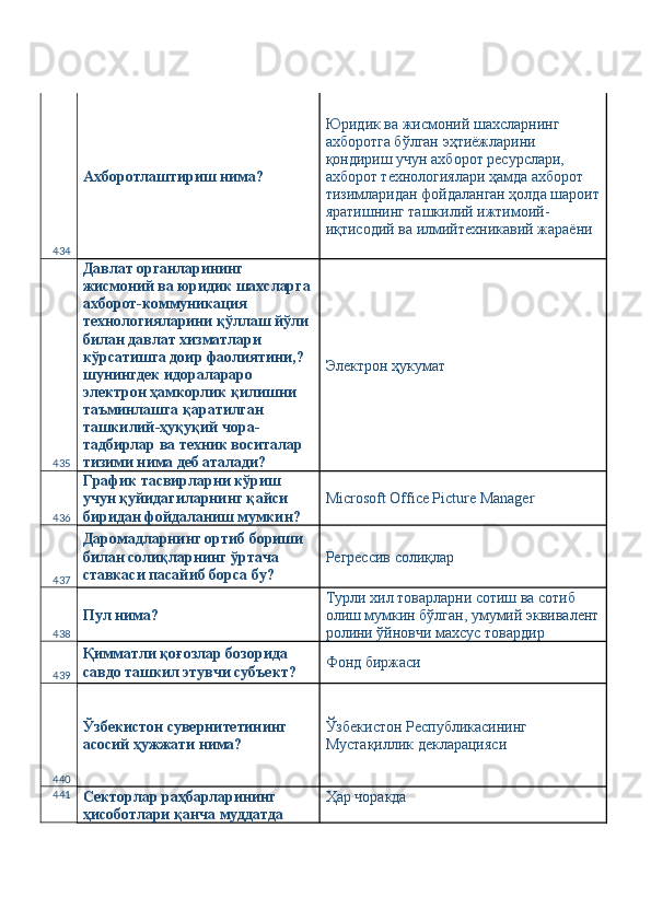 434 Ахборотлаштириш нима?  Юридик ва жисмоний шахсларнинг 
ахборотга бўлган эҳтиёжларини 
қондириш учун ахборот ресурслари, 
ахборот технологиялари ҳамда ахборот 
тизимларидан фойдаланган ҳолда шароит
яратишнинг ташкилий ижтимоий-
иқтисодий ва илмийтехникавий жараёни 
435 Давлат органларининг 
жисмоний ва юридик шахсларга
ахборот-коммуникация 
технологияларини қўллаш йўли 
билан давлат хизматлари 
кўрсатишга доир фаолиятини,? 
шунингдек идоралараро 
электрон ҳамкорлик қилишни 
таъминлашга қаратилган 
ташкилий-ҳуқуқий чора-
тадбирлар ва техник воситалар 
тизими нима деб аталади?  Электрон ҳукумат 
436 График тасвирларни кўриш 
учун қуйидагиларнинг қайси 
биридан фойдаланиш мумкин?  Microsoft Office Picture Manager 
437 Даромадларнинг ортиб бориши 
билан солиқларнинг ўртача 
ставкаси пасайиб борса бу?  Регрессив солиқлар 
438 Пул нима?  Турли хил товарларни сотиш ва сотиб 
олиш мумкин бўлган, умумий эквивалент
ролини ўйновчи махсус товардир 
439 Қимматли қоғозлар бозорида 
савдо ташкил этувчи субъект?  Фонд биржаси 
440 Ўзбекистон сувернитетининг 
асосий ҳужжати нима?  Ўзбекистон Республикасининг 
Мустақиллик декларацияси 
441
Секторлар раҳбарларининг 
ҳисоботлари қанча муддатда  Ҳар чоракда  