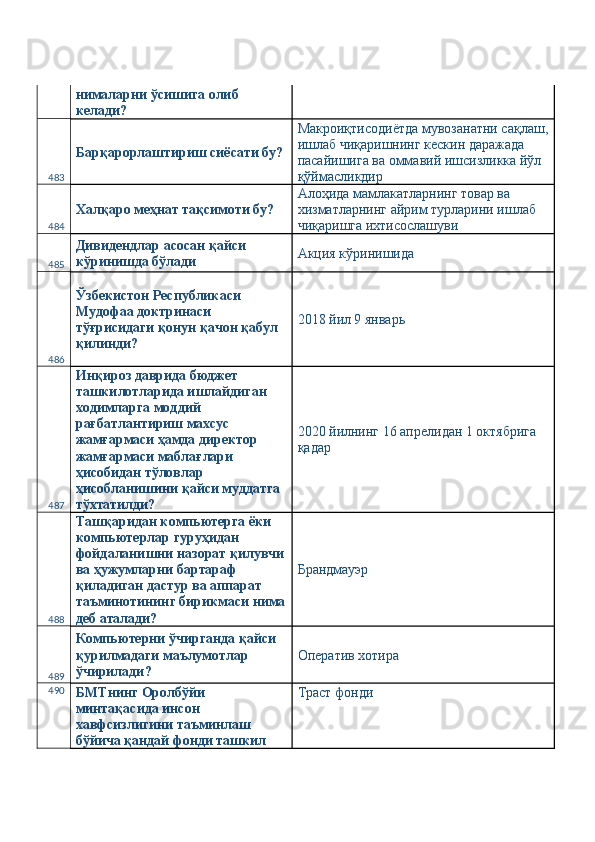 нималарни ўсишига олиб 
келади? 
483 Барқарорлаштириш сиёсати бу? Макроиқтисодиётда мувозанатни сақлаш,
ишлаб чиқаришнинг кескин даражада 
пасайишига ва оммавий ишсизликка йўл 
қўймасликдир 
484 Халқаро меҳнат тақсимоти бу?  Алоҳида мамлакатларнинг товар ва 
хизматларнинг айрим турларини ишлаб 
чиқаришга ихтисослашуви 
485 Дивидендлар асосан қайси 
кўринишда бўлади  Акция кўринишида 
486 Ўзбекистон Республикаси 
Мудофаа доктринаси 
тўғрисидаги қонун қачон қабул 
қилинди?  2018 йил 9 январь 
487 Инқироз даврида бюджет 
ташкилотларида ишлайдиган 
ходимларга моддий 
рағбатлантириш махсус 
жамғармаси ҳамда директор 
жамғармаси маблағлари 
ҳисобидан тўловлар 
ҳисобланишини қайси муддатга 
тўхтатилди?  2020 йилнинг 16 апрелидан 1 октябрига 
қадар 
488 Ташқаридан компьютерга ёки 
компьютерлар гуруҳидан 
фойдаланишни назорат қилувчи
ва ҳужумларни бартараф 
қиладиган дастур ва аппарат 
таъминотининг бирикмаси нима
деб аталади?  Брандмауэр 
489 Компьютерни ўчирганда қайси 
қурилмадаги маълумотлар 
ўчирилади?  Оператив хотира 
490
БМТнинг Оролбўйи 
минтақасида инсон 
хавфсизлигини таъминлаш 
бўйича қандай фонди ташкил  Траст фонди  