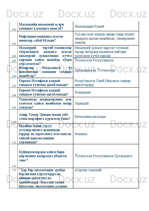 502 Маснавийи маънавий асари 
кимнинг қаламига мансуб?  Жалолиддин Румий 
503 Инфляция ошишига асосан 
нималар сабаб бўлади?  Пул массаси ошиши ҳамда товар ишлаб 
чиқариш ҳажми камайиши, таннархнинг 
ошиши 
504 Маъмурий   тартиб-таомиллар
тўғрисидаги   қонунга   асосан
маъмурий   ҳужжатнинг   кучга
кириши   қайси   жавобда   тўғри
кўрсатилган? 
Вазирлар   Маҳкамаси   ўз
фаолиятида   кимнинг   олдида
жавобгар?  Маъмурий ҳужжат адресат тегишли 
тарзда хабардор қилинган пайтдан 
эътиборан кучга киради 
505 Ўзбекистон Республикаси 
506 Президенти ва Ўзбекистон 
507 Европа Иттифоқи қандай 
типдаги тузилма ҳисобланади?  Республикаси Олий Мажлиси олдида 
жавобгардир 
508 Европа Иттифоқи қандай 
типдаги тузилма ҳисобланади?  Федерация 
509 Тошкентда   жадидларнинг   илк
газетаси   қайси   номбилан   нашр
этилган?  Тараққий 
510 Амир Темур Ҳиндистонни забт 
этиш шарафига қурилган бино?  Бибихоним масжиди 
511 Муайян этник гуруҳ 
устуворлигига эришишда 
террор ва агрессияга асосланган
сиёсий идеологиянинг 
кўриниши?  Фашизм 
512 Қуйидагилардан қайси бири 
парламент назорати субъекти 
эмас?  Ўзбекистон Республикаси Президенти 
513
“Ҳар бир миллатнинг дунёда 
борлиғини кўрсатадурган 
ойинаи ҳаёти тил ва 
адабиётидур. Миллий тилни 
йўқотмак миллатнинг руҳини  Абдулла Авлоний  