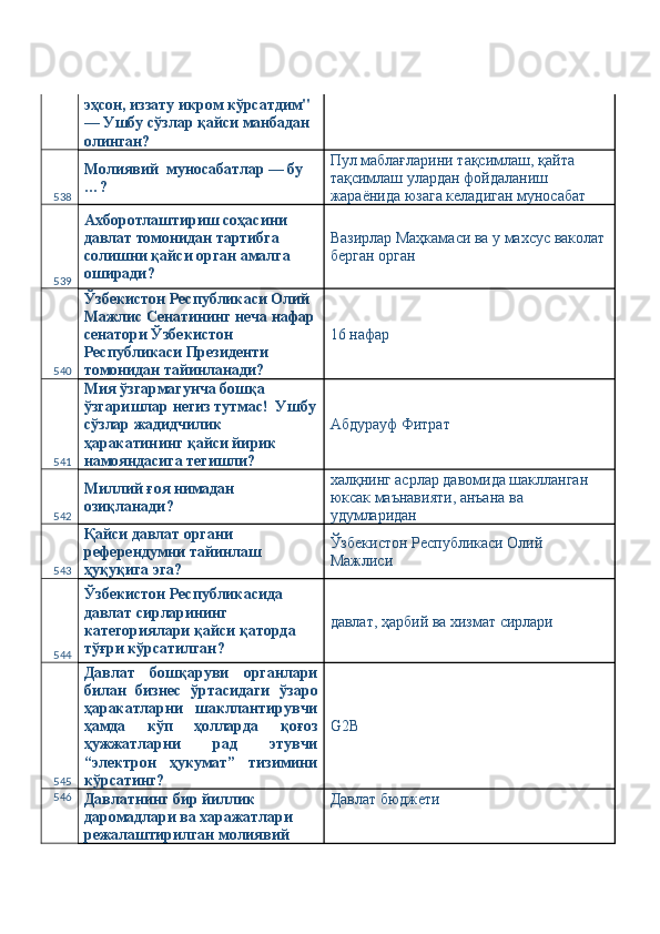 эҳсон, иззату икром кўрсатдим" 
— Ушбу сўзлар қайси манбадан 
олинган? 
538 Молиявий  муносабатлар — бу 
…?  Пул маблағларини тақсимлаш, қайта 
тақсимлаш улардан фойдаланиш 
жараёнида юзага келадиган муносабат 
539 Ахборотлаштириш соҳасини 
давлат томонидан тартибга 
солишни қайси орган амалга 
оширади?  Вазирлар Маҳкамаси ва у махсус ваколат
берган орган 
540 Ўзбекистон Республикаси Олий 
Мажлис Сенатининг неча нафар
сенатори Ўзбекистон 
Республикаси Президенти 
томонидан тайинланади?  16 нафар 
541 Мия ўзгармагунча бошқа 
ўзгаришлар негиз тутмас!  Ушбу
сўзлар жадидчилик 
ҳаракатининг қайси йирик 
намояндасига тегишли?  Абдурауф Фитрат 
542 Миллий ғоя нимадан 
озиқланади?   халқнинг асрлар давомида шаклланган 
юксак маънавияти, анъана ва 
удумларидан 
543 Қайси давлат органи 
референдумни тайинлаш 
ҳуқуқига эга?  Ўзбекистон Республикаси Олий 
Мажлиси 
544 Ўзбекистон Республикасида 
давлат сирларининг 
категориялари қайси қаторда 
тўғри кўрсатилган?  давлат, ҳарбий ва хизмат сирлари 
545 Давлат   бошқаруви   органлари
билан   бизнес   ўртасидаги   ўзаро
ҳаракатларни   шакллантирувчи
ҳамда   кўп   ҳолларда   қоғоз
ҳужжатларни   рад   этувчи
“электрон   ҳукумат”   тизимини
кўрсатинг?  G2B 
546
Давлатнинг бир йиллик 
даромадлари ва харажатлари 
режалаштирилган молиявий  Давлат бюджети  