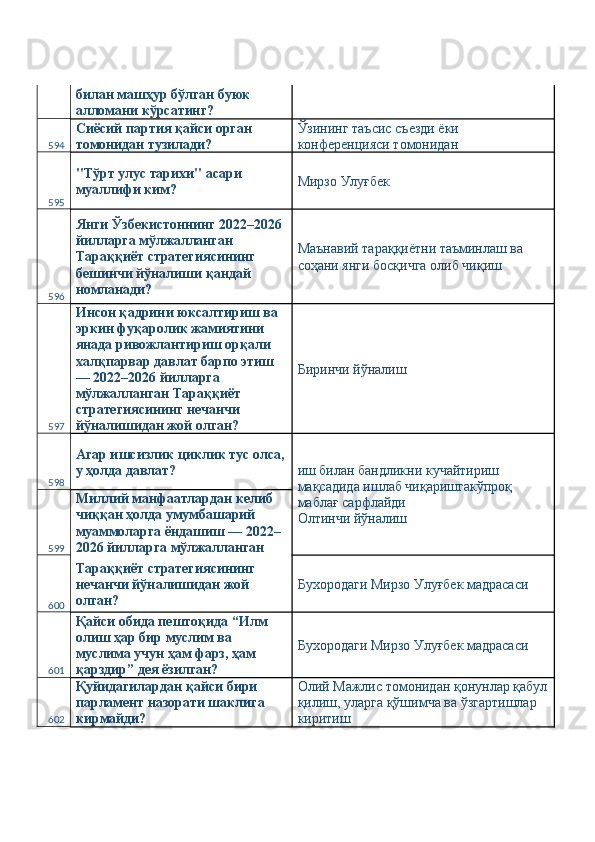 билан машҳур бўлган буюк 
алломани кўрсатинг? 
594 Сиёсий партия қайси орган 
томонидан тузилади?  Ўзининг таъсис съезди ёки 
конференцияси томонидан 
595 "Тўрт улус тарихи" асари 
муаллифи ким?  Мирзо Улуғбек 
596 Янги Ўзбекистоннинг 2022–2026 
йилларга мўлжалланган 
Тараққиёт стратегиясининг 
бешинчи йўналиши қандай 
номланади?  Маънавий тараққиётни таъминлаш ва 
соҳани янги босқичга олиб чиқиш 
597 Инсон қадрини юксалтириш ва 
эркин фуқаролик жамиятини 
янада ривожлантириш орқали 
халқпарвар давлат барпо этиш 
— 2022–2026 йилларга 
мўлжалланган Тараққиёт 
стратегиясининг нечанчи 
йўналишидан жой олган?  Биринчи йўналиш 
598 Агар ишсизлик циклик тус олса,
у ҳолда давлат? 
иш билан бандликни кучайтириш 
мақсадида ишлаб чиқаришгакўпроқ 
маблағ сарфлайди 
Олтинчи йўналиш 
599 Миллий манфаатлардан келиб 
чиққан ҳолда умумбашарий 
муаммоларга ёндашиш — 2022–
2026 йилларга мўлжалланган 
600 Тараққиёт стратегиясининг 
нечанчи йўналишидан жой 
олган?  Бухородаги Мирзо Улуғбек мадрасаси 
601 Қайси обида пештоқида “Илм 
олиш ҳар бир муслим ва 
муслима учун ҳам фарз, ҳам 
қарздир” дея ёзилган?  Бухородаги Мирзо Улуғбек мадрасаси 
602 Қуйидагилардан қайси бири 
парламент назорати шаклига 
кирмайди?  Олий Мажлис томонидан қонунлар қабул
қилиш, уларга қўшимча ва ўзгартишлар 
киритиш  