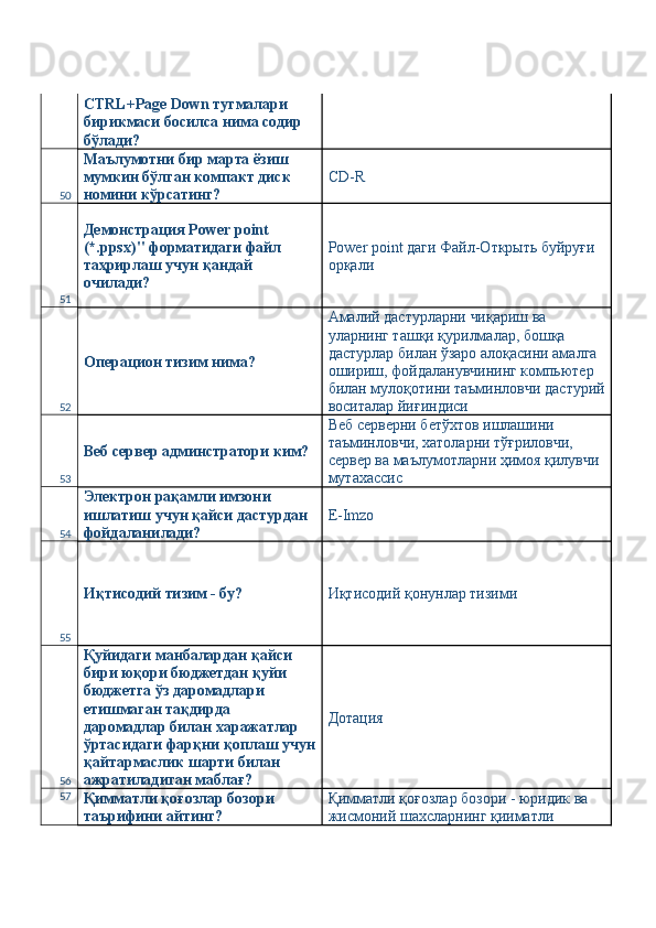 CTRL+Page Down тугмалари 
бирикмаси босилса нима содир 
бўлади? 
50 Маълумотни бир марта ёзиш 
мумкин бўлган компакт диск 
номини кўрсатинг?  CD-R 
51 Демонстрация Power point 
(*.ppsx)" форматидаги файл 
таҳрирлаш учун қандай 
очилади?  Power point даги Файл-Открыть буйруғи 
орқали 
52 Операцион тизим нима?  Амалий дастурларни чиқариш ва 
уларнинг ташқи қурилмалар, бошқа 
дастурлар билан ўзаро алоқасини амалга 
ошириш, фойдаланувчининг компьютер 
билан мулоқотини таъминловчи дастурий
воситалар йиғиндиси 
53 Веб сервер админстратори ким?  Веб серверни бетўхтов ишлашини 
таъминловчи, хатоларни тўғриловчи, 
сервер ва маълумотларни ҳимоя қилувчи 
мутахассис 
54 Электрон рақамли имзони 
ишлатиш учун қайси дастурдан 
фойдаланилади?  E-Imzo 
55 Иқтисодий тизим - бу?  Иқтисодий қонунлар тизими 
56 Қуйидаги манбалардан қайси 
бири юқори бюджетдан қуйи 
бюджетга ўз даромадлари 
етишмаган тақдирда 
даромадлар билан харажатлар 
ўртасидаги фарқни қоплаш учун
қайтармаслик шарти билан 
ажратиладиган маблағ?  Дотация 
57
Қимматли қоғозлар бозори 
таърифини айтинг?  Қимматли қоғозлар бозори - юридик ва 
жисмоний шахсларнинг қииматли  