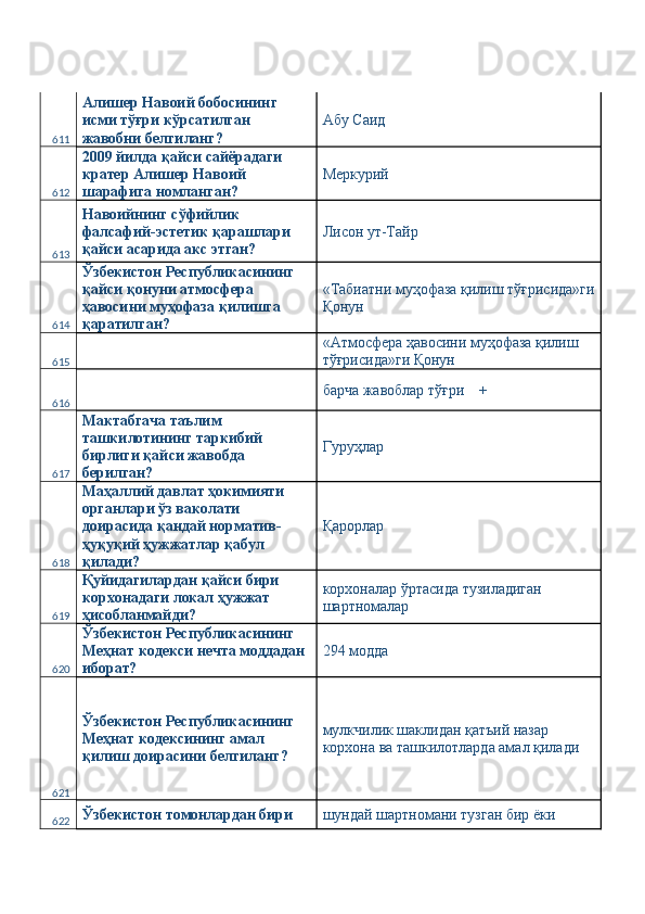 611 Алишер Навоий бобосининг 
исми тўғри кўрсатилган 
жавобни белгиланг?  Абу Саид 
612 2009 йилда қайси сайёрадаги 
кратер Алишер Навоий 
шарафига номланган?  Меркурий 
613 Навоийнинг сўфийлик 
фалсафий-эстетик қарашлари 
қайси асарида акс этган?  Лисон ут-Тайр 
614 Ўзбекистон Республикасининг 
қайси қонуни атмосфера 
ҳавосини муҳофаза қилишга 
қаратилган?  «Табиатни муҳофаза қилиш тўғрисида»ги
Қонун 
615   «Атмосфера ҳавосини муҳофаза қилиш 
тўғрисида»ги Қонун 
616   барча жавоблар тўғри    + 
617 Мактабгача таълим 
ташкилотининг таркибий 
бирлиги қайси жавобда 
берилган?  Гуруҳлар 
618 Маҳаллий давлат ҳокимияти 
органлари ўз ваколати 
доирасида қандай норматив-
ҳуқуқий ҳужжатлар қабул 
қилади?  Қарорлар 
619 Қуйидагилардан қайси бири 
корхонадаги локал ҳужжат 
ҳисобланмайди?  корхоналар ўртасида тузиладиган 
шартномалар 
620 Ўзбекистон Республикасининг 
Меҳнат кодекси нечта моддадан 
иборат?  294 модда 
621 Ўзбекистон Республикасининг 
Меҳнат кодексининг амал 
қилиш доирасини белгиланг?  мулкчилик шаклидан қатъий назар 
корхона ва ташкилотларда амал қилади 
622 Ўзбекистон томонлардан бири  шундай шартномани тузган бир ёки  