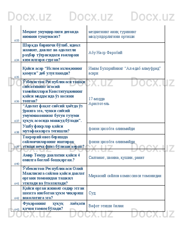 633 Меҳнат унумдорлиги деганда 
нимани тушунасиз?  меҳнатнинг аниқ турининг 
маҳсулдорлигини ортиши 
634 Шарқда биринчи бўлиб, идеал 
жамият, давлат ва адолатли 
раҳбар тўғрисидаги ғояларни 
ким илгари сурган?  Абу Наср Фаробий 
635 Қайси асар “Ислом ахлоқининг 
қомуси” деб улуғланади?  Имом Бухорийнинг “Ал-адаб алмуфрад” 
асари 
636 Ўзбекистон Республикаси ташқи
сиёсатининг асосий 
тамойиллари Конституциянинг 
қайси моддасида ўз аксини 
топган?  17-модда 
Аристотель 
637 “Адолат фақат сиёсий ҳаётда ўз 
ўрнига эга, чунки сиёсий 
умуммаконнинг бутун тузуми 
ҳуқуқ асосида мавжуд бўлади”. 
638 Ушбу фикрлар қайси 
мутафаккирга тегишли?  фоизи ҳисобга олинмайди 
639 Такрорий овоз беришда 
сайловчиларнинг иштирок 
этиши неча фоиз бўлиши керак? фоизи ҳисобга олинмайди 
640 Амир Темур давлатни қайси 4 
омилга боғлаб бошқарган.?  Салтанат, хазина, қушин, раият 
641 Ўзбекистон Республикаси Олий 
Мажлисига сайлов қайси давлат
органи томонидан ташкил 
этилади ва ўтказилади?  Марказий сайлов комиссияси томонидан 
642 Қайси орган жиноят содир этган
шахсга нисбатан ҳукм чиқариш 
ваколатига эга?  Суд 
643 Фуқаронинг   ҳуқуқ   лаёқати
қачон тамом бўлади?  Вафот этиши билан  