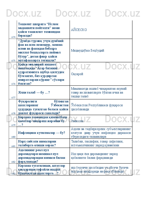 674 Тошкент шаҳрига “Ислом 
маданияти пойтахти” номи 
қайси ташкилот томонидан 
берилди?  AЙСЕСКО 
675 “Дунёда турмоқ учун дунёвий 
фан ва илм лозимдур, замона 
илми ва фанидан бебаҳра 
миллат бошқаларга поймол 
бўлур”, деган фикр қайси 
мутафаккирга тегишли?  Маҳмудхўжа Беҳбудий 
676 Қайси меъморий иншоот 
пештоқида “Агар бизнинг 
қудратимизга шубҳа қилгудек 
бўлсангиз, биз қурдирган 
иморатларни кўринг” сўзлари 
ёзилган?  Оқсарой 
677 Ялпи талаб — бу …?  Мамлакатда ишлаб чиқарилган якуний 
товар ва хизматларга бўлган ички ва 
ташқи талаб 
678 Фуқаролиги   бўлмаган
шахсларнинг   Ўзбекистон
ҳудудида   туғилган   боласи   қайси
давлат фуқароси саналади?  Ўзбекистон Республикаси фуқароси 
ҳисобланади 
679 Корхона томонидан қимматбаҳо 
қоғозлар чиқариш жараёни бу 
…?  Эмиссия 
680 Инфляцион кутилмалар — бу?  Аҳоли ва тадбиркорлик субъектларининг
келгуси   давр   учун   инфляция   даражаси
тўғрисидаги тахминлари 
681 Нарх сиёсати нималарни 
эътиборга олиши керак?  Талабни, таклифни, товар сифатини, 
истеъмолчининг харид қувватини 
682 Аҳолининг реал пул 
даромадлари номинал пул 
даромадларидан нимаси билан 
фарқланади?  Иш ҳақи ёки даромаднинг харид 
қобилияти билан фарқланади 
683 Корхона тугатилиши, штатлар 
қисқариши туфайли ишдан 
бўшатилган шахсларга…?  иш берувчи ҳисобидан уч ойгача ўртача 
иш ҳақи миқдорида нафақа тўланади  