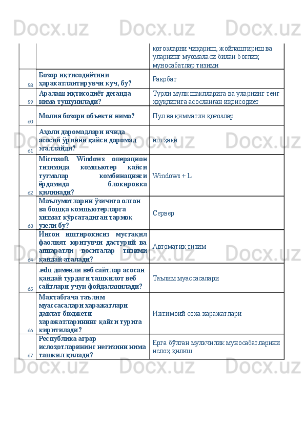 қоғозларни чиқариш, жойлаштириш ва 
уларнинг муомаласи билан боғлиқ 
муносабатлар тизими 
58 Бозор иқтисодиётини 
ҳаракатлантирувчи куч, бу?  Рақобат 
59 Аралаш иқтисодиёт деганда 
нима тушунилади?  Турли мулк шаклларига ва уларнинг тенг
ҳқуқлигига асосланган иқтисодиёт 
60 Молия бозори объекти нима?  Пул ва қимматли қоғозлар 
61 Аҳоли даромадлари ичида 
асосий ўринни қайси даромад 
эгаллайди?  иш ҳақи 
62 Microsoft   Windows   операцион
тизимида   компьютер   қайси
тугмалар   комбинацияси
ёрдамида   блокировка
қилинади?  Windows + L 
63 Маълумотларни ўзичига олган 
ва бошқа компьютерларга 
хизмат кўрсатадиган тармоқ 
узели бу?  Сервер 
64 Инсон   иштирокисиз   мустақил
фаолият   юритувчи   дастурий   ва
аппаратли   воситалар   тизими
қандай аталади?  Автоматик тизим 
65 .edu доменли веб сайтлар асосан 
қандай турдаги ташкилот веб 
сайтлари учун фойдаланилади?  Таълим муассасалари 
66 Мактабгача таълим 
муассасалари харажатлари 
давлат бюджети 
харажатларининг қайси турига 
киритилади?  Ижтимоий соха харажатлари 
67 Республика аграр 
ислоҳотларининг негизини нима
ташкил қилади?  Ерга бўлган мулкчилик муносабатларини
ислоҳ қилиш  