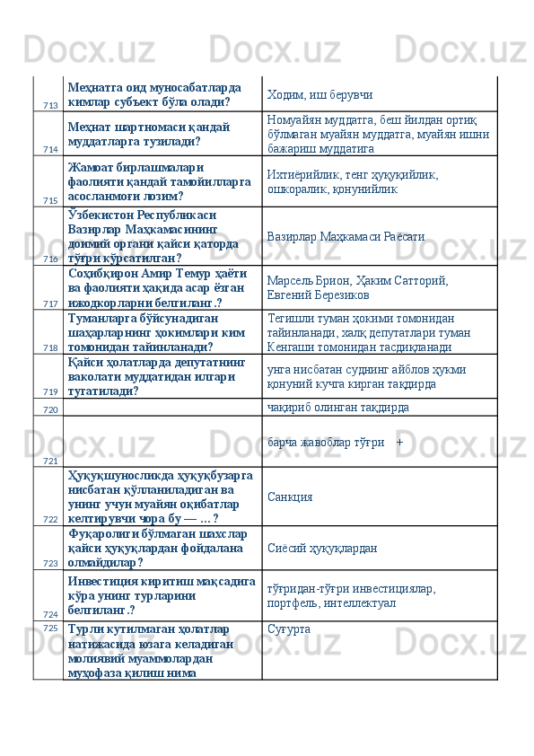713 Меҳнатга оид муносабатларда 
кимлар субъект бўла олади?  Ходим, иш берувчи 
714 Меҳнат шартномаси қандай 
муддатларга тузилади?  Номуайян муддатга, беш йилдан ортиқ 
бўлмаган муайян муддатга, муайян ишни 
бажариш муддатига 
715 Жамоат бирлашмалари 
фаолияти қандай тамойилларга 
асосланмоғи лозим?  Ихтиёрийлик, тенг ҳуқуқийлик, 
ошкоралик, қонунийлик 
716 Ўзбекистон Республикаси 
Вазирлар Маҳкамасининг 
доимий органи қайси қаторда 
тўғри кўрсатилган?  Вазирлар Маҳкамаси Раёсати 
717 Соҳибқирон Амир Темур ҳаёти 
ва фаолияти ҳақида асар ёзган 
ижодкорларни белгиланг.?  Марсель Брион, Ҳаким Сатторий, 
Евгений Березиков 
718 Туманларга бўйсунадиган 
шаҳарларнинг ҳокимлари ким 
томонидан тайинланади?  Тегишли туман ҳокими томонидан 
тайинланади, халқ депутатлари туман 
Кенгаши томонидан тасдиқланади 
719 Қайси ҳолатларда депутатнинг 
ваколати муддатидан илгари 
тугатилади?  унга нисбатан суднинг айблов ҳукми 
қонуний кучга кирган тақдирда 
720   чақириб олинган тақдирда 
721   барча жавоблар тўғри    + 
722 Ҳуқуқшуносликда ҳуқуқбузарга 
нисбатан қўлланиладиган ва 
унинг учун муайян оқибатлар 
келтирувчи чора бу — …?  Санкция 
723 Фуқаролиги бўлмаган шахслар 
қайси ҳуқуқлардан фойдалана 
олмайдилар?  Сиёсий ҳуқуқлардан 
724 Инвестиция киритиш мақсадига
кўра унинг турларини 
белгиланг.?  тўғридан-тўғри инвестициялар, 
портфель, интеллектуал 
725
Турли кутилмаган ҳолатлар 
натижасида юзага келадиган 
молиявий муаммолардан 
муҳофаза қилиш нима  Суғурта  