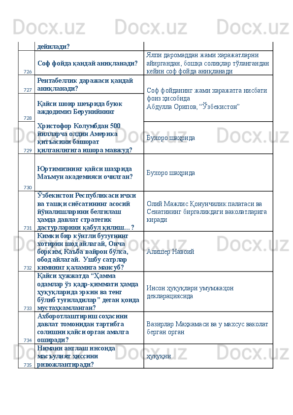 дейилади? 
726 Соф фойда қандай аниқланади?  Ялпи даромаддан жами харажатларни 
айиргандан, бошқа солиқлар тўлангандан
кейин соф фойда аниқланади 
727 Рентабеллик даражаси қандай 
аниқланади? 
Соф фойданинг жами харажатга нисбати 
фоиз ҳисобида 
Абдулла Орипов, “Ўзбекистон” 
728 Қайси шоир шеърида буюк 
аждодимиз Берунийнинг 
729 Христофор Колумбдан 500 
йилларча олдин Америка 
қитъасини башорат 
қилганлигига ишора мавжуд?  Бухоро шаҳрида 
730 Юртимизнинг қайси шаҳрида 
Маъмун академияси очилган?  Бухоро шаҳрида 
731 Ўзбекистон Республикаси ички 
ва ташқи сиёсатининг асосий 
йўналишларини белгилаш 
ҳамда давлат стратегик 
дастурларини қабул қилиш…?  Олий Мажлис Қонунчилик палатаси ва 
Сенатининг биргаликдаги ваколатларига 
киради 
732 Кимки бир кўнгли бузуғнинг 
хотирин шод айлагай, Онча 
борким, Каъба вайрон бўлса, 
обод айлагай.  Ушбу сатрлар 
кимнинг қаламига мансуб?  Алишер Навоий 
733 Қайси ҳужжатда “Ҳамма 
одамлар ўз қадр-қиммати ҳамда 
ҳуқуқларида эркин ва тенг 
бўлиб туғиладилар” деган қоида 
мустаҳкамланган?  Инсон ҳуқуқлари умумжаҳон 
декларациясида 
734 Ахборотлаштириш соҳасини 
давлат томонидан тартибга 
солишни қайси орган амалга 
оширади?  Вазирлар Маҳкамаси ва у махсус ваколат
берган орган 
735 Нимани англаш инсонда 
масъулият ҳиссини 
ривожлантиради?  ҳуқуқни  