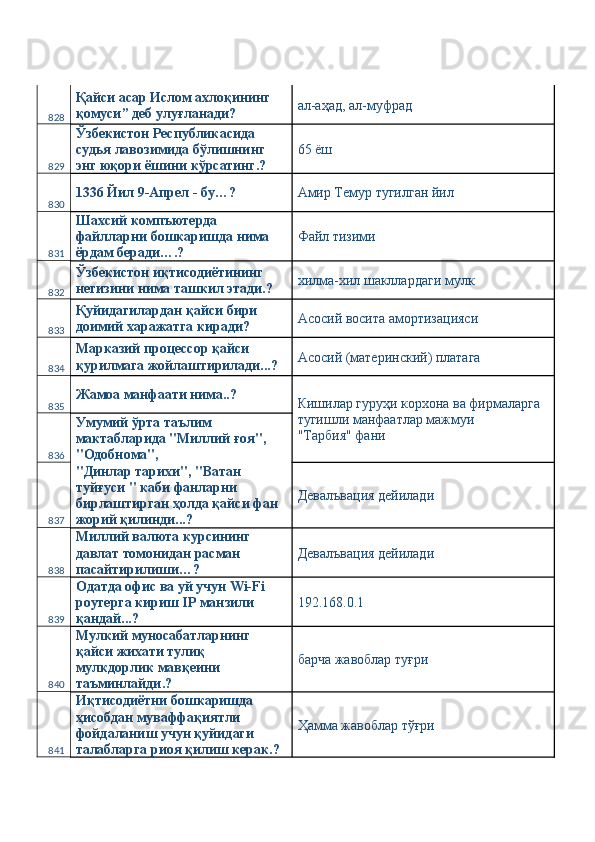 828 Қайси асар Ислом ахлоқининг 
қомуси” деб улуғланади?  ал-аҳад, ал-муфрад 
829 Ўзбекистон Республикасида 
судья лавозимида бўлишнинг 
энг юқори ёшини кўрсатинг.?  65 ёш 
830 1336 Йил 9-Апрел - бу…?  Амир Темур тугилган йил 
831 Шахсий компъютерда 
файлларни бошкаришда нима 
ёрдам беради….?  Файл тизими 
832 Ўзбекистон иқтисодиётининг 
негизини нима ташкил этади.?  хилма-хил шакллардаги мулк 
833 Қуйидагилардан қайси бири 
доимий харажатга киради?  Асосий восита амортизацияси 
834 Марказий процессор қайси 
қурилмага жойлаштирилади...?  Асосий (материнский) платага 
835 Жамоа манфаати нима..? 
Кишилар гуруҳи корхона ва фирмаларга 
тугишли манфаатлар мажмуи 
"Тарбия" фани  
836 Умумий ўрта таълим 
мактабларида "Миллий ғоя", 
"Одобнома", 
837 "Динлар тарихи", "Ватан 
туйғуси " каби фанларни 
бирлаштирган ҳолда қайси фан 
жорий қилинди...?  Девалъвация дейилади 
838 Миллий валюта курсининг 
давлат томонидан расман 
пасайтирилиши…?  Девалъвация дейилади 
839 Одатда офис ва уй учун Wi-Fi 
роутерга кириш IP манзили 
қандай...?  192.168.0.1 
840 Мулкий муносабатларнинг 
қайси жихати тулиқ 
мулкдорлик мавқеини 
таъминлайди.?  барча жавоблар туғри 
841 Иқтисодиётни бошкаришда 
ҳисобдан муваффақиятли 
фойдаланиш учун қуйидаги 
талабларга риоя қилиш керак.?  Ҳамма жавоблар тўғри  