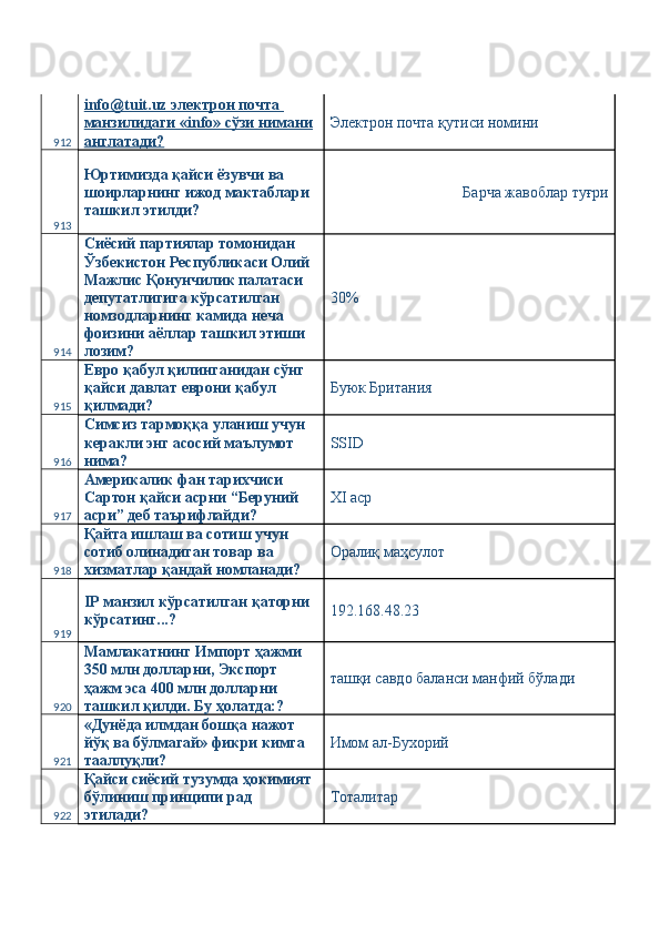 912 info@tuit.uz электрон почта 
манзилидаги «info» сўзи нимани  
англатади?   Электрон почта қутиси номини 
913 Юртимизда қайси ёзувчи ва 
шоирларнинг ижод мактаблари 
ташкил этилди?  Барча жавоблар туғри 
914 Сиёсий партиялар томонидан 
Ўзбекистон Республикаси Олий 
Мажлис Қонунчилик палатаси 
депутатлигига кўрсатилган 
номзодларнинг камида неча 
фоизини аёллар ташкил этиши 
лозим?  30%
915 Евро қабул қилинганидан сўнг 
қайси давлат еврони қабул 
қилмади?  Буюк Британия 
916 Симсиз тармоққа уланиш учун 
керакли энг асосий маълумот 
нима?  SSID 
917 Америкалик фан тарихчиси 
Сартон қайси асрни “Беруний 
асри” деб таърифлайди?  XI аср 
918 Қайта ишлаш ва сотиш учун 
сотиб олинадиган товар ва 
хизматлар қандай номланади?  Оралиқ маҳсулот 
919 IP манзил кўрсатилган қаторни 
кўрсатинг...?  192.168.48.23 
920 Мамлакатнинг Импорт ҳажми 
350 млн долларни, Экспорт 
ҳажм эса 400 млн долларни 
ташкил қилди. Бу ҳолатда:?  ташқи савдо баланси манфий бўлади 
921 «Дунёда илмдан бошқа нажот 
йўқ ва бўлмагай» фикри кимга 
тааллуқли?  Имом ал-Бухорий 
922 Қайси сиёсий тузумда ҳокимият 
бўлиниш принципи рад 
этилади?  Тоталитар  