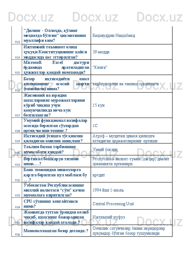 923 "Дилинг - Оллоҳда, қўлинг 
меҳнатда бўлсин" ҳикматининг 
муаллифи ким?  Баҳовуддин Нақшбанд 
924 Ижтимоий таъминот олиш 
ҳуқуқи Конституциянинг қайси 
моддасида акс эттирилган?  39-модда 
925 Microsoft   Excel   дастури
ёрдамида   яратиладиган
ҳужжатлар қандай номланади?  “Книга” 
926 Бозор   иқтисодиёти   амал
қилишининг   асосий   шарти
(тамойили) нима?  тадбиркорлик ва танлаш эркинлиги 
927 Жисмоний ва юридик 
шахсларнинг мурожаатларини 
кўриб чиқиш учун 
қонунчиликда неча кун 
белгиланган?  15 кун 
928 Умумий функционал вазифалар 
асосида берилган сўзлардан 
ортиқчасини топинг.?  1C 
929 Иқтисодий ўсишга тўсқинлик 
қиладиган омилни аниқланг?  Атроф – муҳитни ҳимоя қилишга 
кетадиган ҳаражатларнинг ортиши 
930 Таълим билан тарбиянинг 
муносабати қандай?  Узвий боғлиқ 
931 Вертикал бошқарув тизими 
нима….?  Республика-вилоят-туман (шаҳар) давлат 
ҳокимияти органлари 
932 Банк томонидан мижозларга 
қарзга берилган пул маблағи бу 
….?  кредит 
933 Ўзбекистон Республикасининг 
миллий валютаси “сўм” қачон 
муомалага киритилган?  1994 йил 1-июлъ 
934 CPU сўзининг кенгайтмаси 
нима?  Central Processing Unit 
935 Жамиятда тутган ўрнидан келиб
чиқиб, шахснинг бажарадиган 
вазифалар қандай аталади.?  Ижтимоий нуфуз 
936 Монополлашган бозор деганда:? Озчилик сотувчилар билан харидорлар 
ҳукумдор бўлган бозор тушунилади   