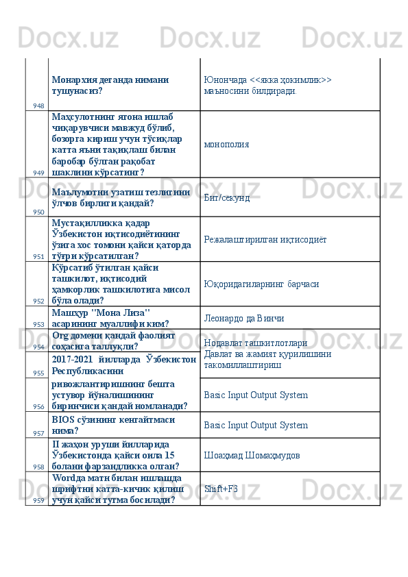 948 Монархия деганда нимани 
тушунасиз?  Юнончада <<якка ҳокимлик>> 
маъносини билдиради. 
949 Маҳсулотнинг ягона ишлаб 
чиқарувчиси мавжуд бўлиб, 
бозорга кириш учун тўсиқлар 
катта яъни тақиқлаш билан 
баробар бўлган рақобат 
шаклини кўрсатинг?  монополия 
950 Маълумотни узатиш тезлигини 
ўлчов бирлиги қандай?  Бит/секунд 
951 Мустақилликка қадар 
Ўзбекистон иқтисодиётининг 
ўзига хос томони қайси қаторда 
тўғри кўрсатилган?  Режалаштирилган иқтисодиёт 
952 Кўрсатиб ўтилган қайси 
ташкилот, иқтисодий 
ҳамкорлик ташкилотига мисол 
бўла олади?  Юқоридагиларнинг барчаси 
953 Машҳур "Мона Лиза" 
асарининг муаллифи ким?  Леонардо да Винчи 
954 Оrg домени қандай фаолият 
соҳасига таллуқли?  Нодавлат ташкитлотлари 
Давлат ва жамият қурилишини 
такомиллаштириш 
955 2017-2021   йилларда   Ўзбекистон
Республикасини 
956 ривожлантиришнинг бешта 
устувор йўналишининг 
биринчиси қандай номланади?  Basic Input Output System 
957 BIOS сўзининг кенгайтмаси 
нима?  Basic Input Output System 
958 II жаҳон уруши йилларида 
Ўзбекистонда қайси оила 15 
болани фарзандликка олган?  Шоаҳмад Шомаҳмудов 
959 Wordда матн билан ишлашда 
шрифтни катта-кичик қилиш 
учун қайси тугма босилади?  Shift+F3  