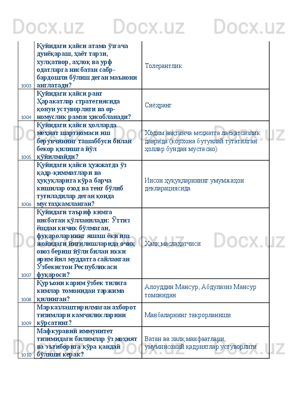 1003 Қуйидаги қайси атама ўзгача 
дунёқараш, ҳаёт тарзи, 
хулқатвор, аҳлоқ ва урф 
одатларга нисбатан сабр-
бардошли бўлиш деган маънони 
англатади?  Толерантлик 
1004 Қуйидаги қайси ранг 
Ҳаракатлар стратегиясида 
қонун устуворлиги ва ор-
номуслик рамзи ҳисобланади?  Сиёҳранг 
1005 Қуйидаги қайси ҳолларда 
меҳнат шартномаси иш 
берувчининг ташаббуси билан 
бекор қилишга йўл 
қўйилмайди?  Ходим вақтинча меҳнатга лаёқатсизлик 
даврида (корхона бутунлай тугатилган 
ҳоллар бундан мустасно) 
1006 Қуйидаги қайси ҳужжатда ўз 
қадр-қимматлари ва 
ҳуқуқларига кўра барча 
кишилар озод ва тенг бўлиб 
туғиладилар деган қоида 
мустаҳкамланган?  Инсон ҳуқуқларининг умумжаҳон 
декларациясида 
1007 Қуйидаги таъриф кимга 
нисбатан қўлланилади: Ўттиз 
ёшдан кичик бўлмаган, 
фуқароларнинг яшаш ёки иш 
жойидаги йиғилишларида очиқ 
овоз бериш йўли билан икки 
ярим йил муддатга сайланган 
Ўзбекистон Республикаси 
фуқароси?  Халқ маслаҳатчиси 
1008 Қуръони карим ўзбек тилига 
кимлар томонидан таржима 
қилинган?  Алоуддин Мансур, Абдулазиз Мансур 
томонидан 
1009 Марказлаштирилмаган ахборот 
тизимлари камчиликларини 
кўрсатинг?  Манбаларнинг такрорланиши 
1010 Мафкуравий иммунитет 
тизимидаги билимлар ўз моҳият 
ва эътиборига кўра қандай 
бўлиши керак?  Ватан ва халқ манфаатлари, 
умуминсоний қадриятлар устуворлиги  