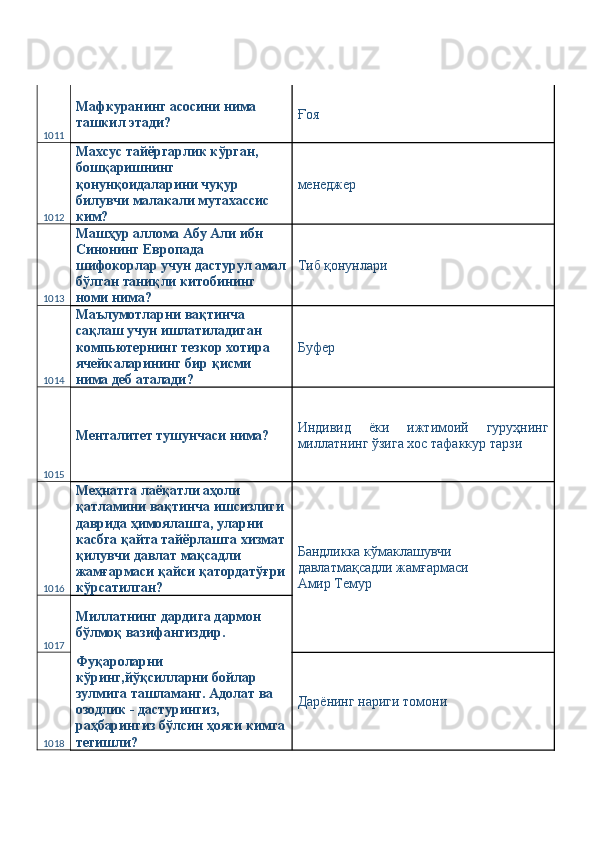 1011 Мафкуранинг асосини нима 
ташкил этади?  Ғоя 
1012 Махсус тайёргарлик кўрган, 
бошқаришнинг 
қонунқоидаларини чуқур 
билувчи малакали мутахассис 
ким?  менеджер 
1013 Машҳур аллома Абу Али ибн 
Синонинг Европада 
шифокорлар учун дастурул амал
бўлган таниқли китобининг 
номи нима?  Тиб қонунлари 
1014 Маълумотларни вақтинча 
сақлаш учун ишлатиладиган 
компьютернинг тезкор хотира 
ячейкаларининг бир қисми 
нима деб аталади?  Буфер 
1015 Менталитет тушунчаси нима?  Индивид   ёки   ижтимоий   гуруҳнинг
миллатнинг ўзига хос тафаккур тарзи 
1016 Меҳнатга лаёқатли аҳоли 
қатламини вақтинча ишсизлиги
даврида ҳимоялашга, уларни 
касбга қайта тайёрлашга хизмат
қилувчи давлат мақсадли 
жамғармаси қайси қатордатўғри
кўрсатилган?  Бандликка кўмаклашувчи 
давлатмақсадли жамғармаси 
Амир Темур 
1017 Миллатнинг дардига дармон 
бўлмоқ вазифангиздир. 
1018 Фуқароларни 
кўринг,йўқсилларни бойлар 
зулмига ташламанг. Адолат ва 
озодлик - дастурингиз, 
раҳбарингиз бўлсин ҳояси кимга
тегишли?  Дарёнинг нариги томони  
