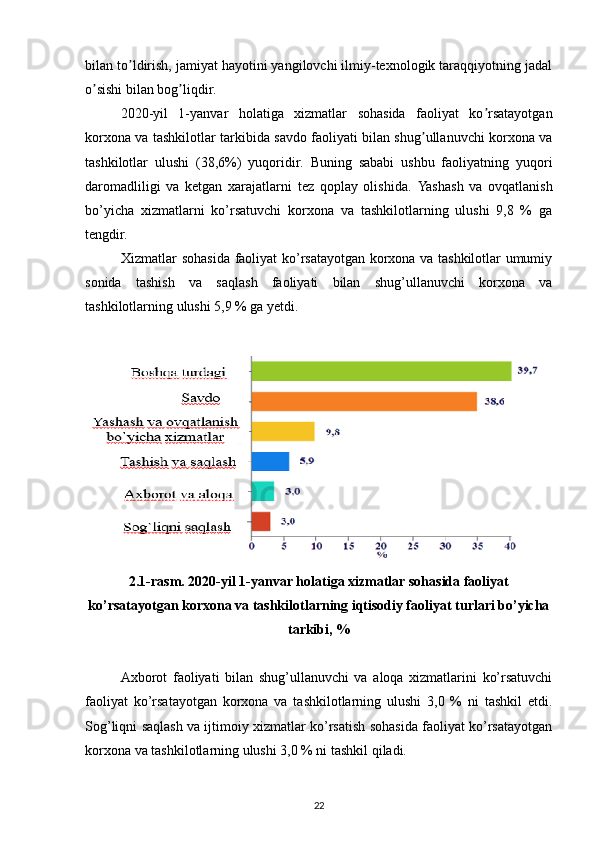 bilan to ldirish, jamiyat hayotini yangilovchi ilmiy-texnologik taraqqiyotning jadalʼ
o sishi bilan bog liqdir.	
ʼ ʼ
2020-yil   1-yanvar   holatiga   xizmatlar   sohasida   faoliyat   ko rsatayotgan	
ʼ
korxona va tashkilotlar tarkibida savdo faoliyati bilan shug ullanuvchi korxona va	
ʼ
tashkilotlar   ulushi   (38,6%)   yuqoridir.   Buning   sababi   ushbu   faoliyatning   yuqori
daromadliligi   va   ketgan   xarajatlarni   tez   qoplay   olishida.   Yashash   va   ovqatlanish
bo’yicha   xizmatlarni   ko’rsatuvchi   korxona   va   tashkilotlarning   ulushi   9,8   %   ga
tengdir.
Xizmatlar sohasida faoliyat ko’rsatayotgan korxona va tashkilotlar umumiy
sonida   tashish   va   saqlash   faoliyati   bilan   shug’ullanuvchi   korxona   va
tashkilotlarning ulushi 5,9 % ga yetdi.
2.1-rasm. 2020-yil 1-yanvar holatiga xizmatlar sohasida faoliyat
ko’rsatayotgan korxona va tashkilotlarning iqtisodiy faoliyat turlari bo’yicha
tarkibi, %
Axborot   faoliyati   bilan   shug’ullanuvchi   va   aloqa   xizmatlarini   ko’rsatuvchi
faoliyat   ko’rsatayotgan   korxona   va   tashkilotlarning   ulushi   3,0   %   ni   tashkil   etdi.
Sog’liqni saqlash va ijtimoiy xizmatlar ko’rsatish sohasida faoliyat ko’rsatayotgan
korxona va tashkilotlarning ulushi 3,0 % ni tashkil qiladi.
22