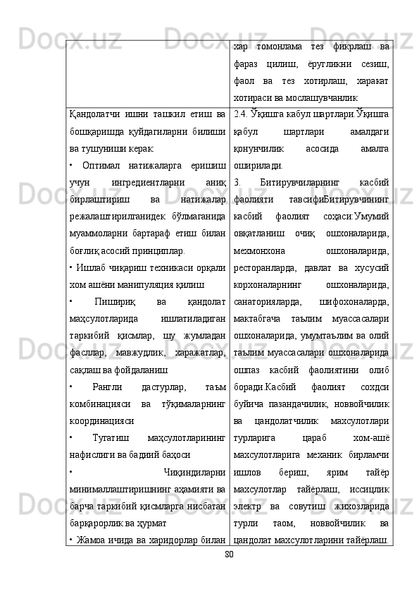 хар   томонлама   тез   фикрлаш   ва
фараз   цилиш,   ёругликни   сезиш,
фаол   ва   тез   хотирлаш,   харакат
хотираси ва мослашувчанлик
Қандолатчи   ишни   ташкил   етиш   ва
бошқаришда   қуйдагиларни   билиши
ва тушуниши керак: 
•   Оптимал   натижаларга   еришиш
учун   ингредиентларни   аниқ
бирлаштириш   ва   натижалар
режалаштирилганидек   бўлмаганида
муаммоларни   бартараф   етиш   билан
боғлиқ асосий принциплар. 
•  Ишлаб  чиқариш  техникаси   орқали
хом ашёни манипуляция қилиш 
•   Пишириқ   ва   қандолат
маҳсулотларида   ишлатиладиган
таркибий   қисмлар,   шу   жумладан
фасллар,   мавжудлик,   харажатлар,
сақлаш ва фойдаланиш 
•   Рангли   дастурлар,   таъм
комбинацияси   ва   тўқималарнинг
координацияси 
•   Тугатиш   маҳсулотларининг
нафислиги ва бадиий баҳоси 
•   Чиқиндиларни
минималлаштиришнинг аҳамияти ва
барча   таркибий   қисмларга   нисбатан
барқарорлик ва ҳурмат 
• Жамоа ичида ва харидорлар билан 2.4. Ўқишга кабул шартлари.Ўқишга
қабул   шартлари   амалдаги
қонунчилик   асосида   амалга
оширилади. 
3.   Битирувчиларнинг   касбий
фаолияти   тавсифиБитирувчининг
касбий   фаолият   соҳаси:Умумий
овқатланиш   очиқ   ошхоналарида,
мехмонхона   ошхоналарида,
ресторанларда,   давлат   ва   хусусий
корхоналарнинг   ошхоналарида,
санаторияларда,   шифохоналарда,
мактабгача   таълим   муассасалари
ошхоналарида, умумтаълим  ва  олий
таълим   муассасалари   ошхоналарида
ошпаз   касбий   фаолиятини   олиб
боради.Касбий   фаолият   сохдси
буйича   пазандачилик,   новвойчилик
ва   цандолатчилик   махсулотлари
турларига   цараб   хом-ашё
махсулотларига   механик   бирламчи
ишлов   бериш,   ярим   тайёр
махсулотлар   тайёрлаш,   иссицлик
электр   ва   совутиш   жихозларида
турли   таом,   новвойчилик   ва
цандолат махсулотларини тайёрлаш.
80 