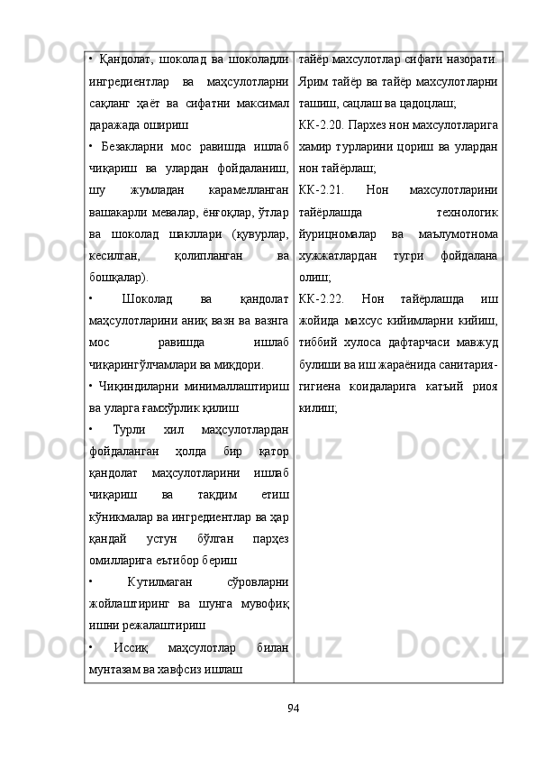 •   Қандолат,   шоколад   ва   шоколадли
ингредиентлар   ва   маҳсулотларни
сақланг   ҳаёт   ва   сифатни   максимал
даражада ошириш
•   Безакларни   мос   равишда   ишлаб
чиқариш   ва   улардан   фойдаланиш,
шу   жумладан   карамелланган
вашакарли   мевалар,   ёнғоқлар,   ўтлар
ва   шоколад   шакллари   (қувурлар,
кесилган,   қолипланган   ва
бошқалар).
•   Шоколад   ва   қандолат
маҳсулотларини аниқ вазн ва вазнга
мос   равишда   ишлаб
чиқарингўлчамлари ва миқдори.
•   Чиқиндиларни   минималлаштириш
ва уларга ғамхўрлик қилиш
•   Турли   хил   маҳсулотлардан
фойдаланган   ҳолда   бир   қатор
қандолат   маҳсулотларини   ишлаб
чиқариш   ва   тақдим   етиш
кўникмалар ва ингредиентлар ва ҳар
қандай   устун   бўлган   парҳез
омилларига еътибор бериш
•   Кутилмаган   сўровларни
жойлаштиринг   ва   шунга   мувофиқ
ишни режалаштириш
•   Иссиқ   маҳсулотлар   билан
мунтазам ва хавфсиз ишлаш тайёр махсулотлар сифати назорати.
Ярим тайёр ва тайёр махсулотларни
ташиш, сацлаш ва цадоцлаш;
КК-2.20. Пархез нон махсулотларига
хамир   турларини   цориш   ва   улардан
нон тайёрлаш;
КК-2.21.   Нон   махсулотларини
тайёрлашда   технологик
йурицномалар   ва   маълумотнома
хужжатлардан   тугри   фойдалана
олиш;
КК-2.22.   Нон   тайёрлашда   иш
жойида   махсус   кийимларни   кийиш,
тиббий   хулоса   дафтарчаси   мавжуд
булиши ва иш жараёнида санитария-
гигиена   коидаларига   катъий   риоя
килиш;
94 
