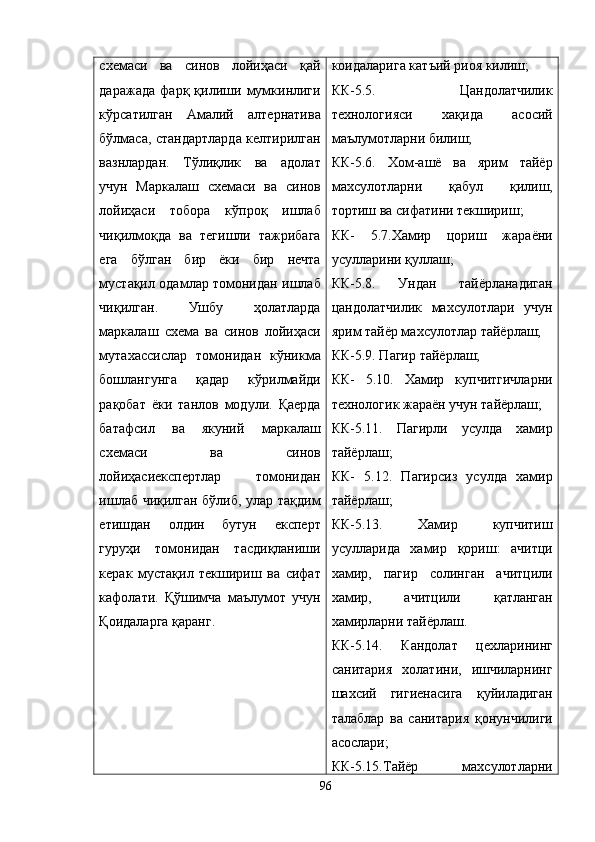 схемаси   ва   синов   лойиҳаси   қай
даражада   фарқ   қилиши   мумкинлиги
кўрсатилган   Aмалий   алтернатива
бўлмаса, стандартларда келтирилган
вазнлардан.   Тўлиқлик   ва   адолат
учун   Маркалаш   схемаси   ва   синов
лойиҳаси   тобора   кўпроқ   ишлаб
чиқилмоқда   ва   тегишли   тажрибага
ега   бўлган   бир   ёки   бир   нечта
мустақил одамлар томонидан ишлаб
чиқилган.   Ушбу   ҳолатларда
маркалаш   с хема   ва   синов   лойиҳаси
мутахассислар   томонидан   кўникма
бошлангунга   қадар   кўрилмайди
рақобат   ёки   танлов   модули.   Қаерда
батафсил   ва   якуний   маркалаш
схемаси   ва   синов
лойиҳасиекспертлар   томонидан
ишлаб чиқилган бўлиб, улар тақдим
етишдан   олдин   бутун   експерт
гуруҳи   томонидан   тасдиқланиши
керак   мустақил   текшириш   ва   сифат
кафолати.   Қўшимча   маълумот   учун
Қоидаларга қаранг.  коидаларига катъий риоя килиш;
КК-5.5.   Цандолатчилик
технологияси   ха қ ида   асосий
маълумотларни билиш;
КК-5.6.   Хом-ашё   ва   ярим   тайёр
махсулотларни   қ абул   қ илиш,
тортиш ва сифатини текшириш;
КК-   5.7.Хамир   цориш   жараёни
усулларини  қ уллаш;
КК-5.8.   Ундан   тайёрланадиган
цандолатчилик   махсулотлари   учун
ярим тайёр махсулотлар тайёрлаш;
КК-5.9. Пагир тайёрлаш;
КК-   5.10.   Хамир   купчитгичларни
технологик жараён учун тайёрлаш;
КК-5.11.   Пагирли   усулда   хамир
тайёрлаш;
КК-   5.12.   Пагирсиз   усулда   хамир
тайёрлаш;
КК-5.13.   Хамир   купчитиш
усулларида   хамир   қ ориш:   ачитци
хамир,   пагир   солинган   ачитцили
хамир,   ачитцили   қ атланган
хамирларни тайёрлаш.
КК-5.14.   Кандолат   цехларининг
санитария   холатини,   ишчиларнинг
шахсий   гигиенасига   қ уйиладиган
талаблар   ва   санитария   қ онунчилиги
асослари;
КК-5.15.Тайёр   махсулотларни
96 