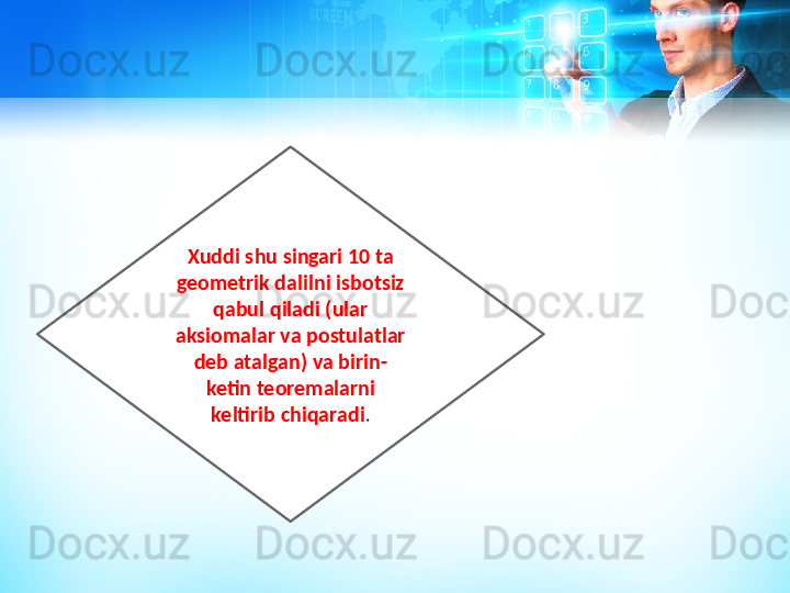 Xuddi shu singari 10 ta 
geometrik dalilni isbotsiz 
qabul qiladi (ular 
aksiomalar va postulatlar 
deb atalgan) va birin-
ketin teoremalarni 
keltirib chiqaradi . 