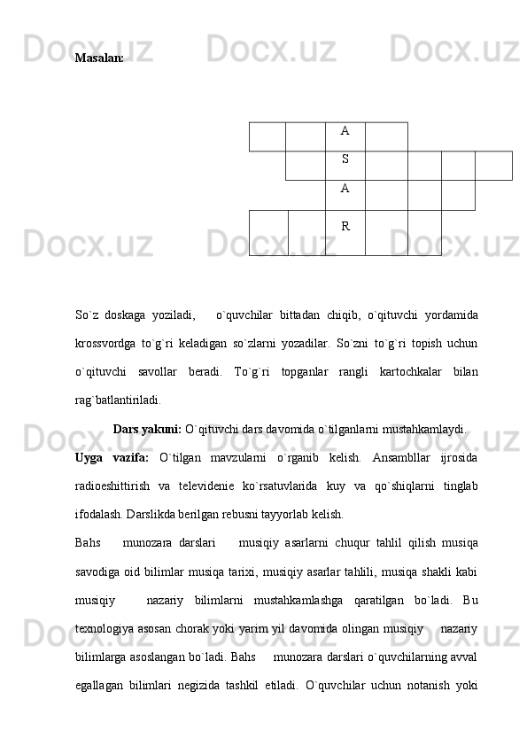 Masalan: 
So`z   doskaga   yoziladi,       o`quvchilar   bittadan   chiqib,   o`qituvchi   yordamida
krossvordga   to`g`ri   keladigan   so`zlarni   yozadilar.   So`zni   to`g`ri   topish   uchun
o`qituvchi   savollar   beradi.   To`g`ri   topganlar   rangli   kartochkalar   bilan
rag`batlantiriladi. 
Dars yakuni:  O`qituvchi dars davomida o`tilganlarni mustahkamlaydi. 
Uyga   vazifa:   O`tilgan   mavzularni   o`rganib   kelish.   Ansambllar   ijrosida
radioeshittirish   va   televidenie   ko`rsatuvlarida   kuy   va   qo`shiqlarni   tinglab
ifodalash. Darslikda berilgan rebusni tayyorlab kelish. 
Bahs     munozara   darslari     musiqiy   asarlarni    chuqur   tahlil   qilish   musiqa
savodiga   oid   bilimlar   musiqa   tarixi,   musiqiy   asarlar   tahlili,   musiqa   shakli   kabi
musiqiy     nazariy   bilimlarni   mustahkamlashga   qaratilgan   bo`ladi.   Bu	

texnologiya asosan chorak yoki yarim yil davomida olingan musiqiy   nazariy	

bilimlarga asoslangan bo`ladi. Bahs   munozara darslari o`quvchilarning avval	

egallagan   bilimlari   negizida   tashkil   etiladi.   O`quvchilar   uchun   notanish   yoki A
S
A
R 