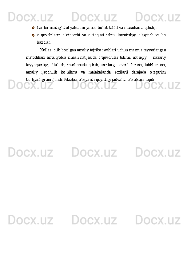 har bir mashg`ulot yakunini jamoa bo`lib tahlil va muxokama qilish; .
o`quvchilarni   o`qituvchi   va   o`rtoqlari   ishini   kuzatishga   o`rgatish   va   ho
kazolar. 
Xullas, olib borilgan amaliy tajriba iwshlari uchun maxsus tayyorlangan
metodikani   amaliyotda   sinash   natijasida   o`quvchilar   bilimi,   musiqiy     nazariy
tayyorgarligi,   fikrlash,   mushohada   qilish,   asarlarga   tavsif     berish,   tahlil   qilish,
amaliy   ijrochilik   ko`nikma   va   malakalarida   sezilarli   darajada   o`zgarish
bo`lganligi aniqlandi. Mazkur o`zgarish quyidagi jadvalda o`z aksini topdi: 