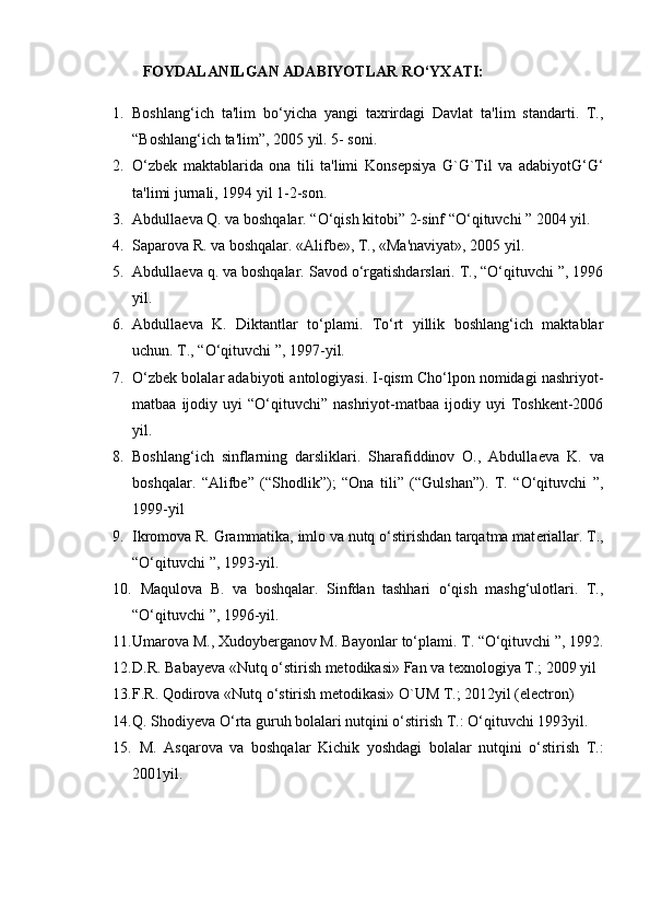               FOYDALANILGAN ADABIYOTLAR RO‘YXATI:  
1. Boshlang‘ich   ta'lim   b o‘ yicha   yangi   taxrirdagi   Davlat   ta'lim   standarti.   T.,
“Boshlang‘ich ta'lim”, 2005 yil. 5- soni. 
2. O‘zb е k   maktablarida   ona   tili   ta'limi   Kons е psiya   G`G`Til   va   adabiyotG‘G‘
ta'limi jurnali, 1994 yil 1-2-son. 
3. Abdulla е va Q. va boshqalar. “O‘qish kitobi” 2-sinf “O‘qituvchi ” 2004 yil. 
4. Saparova R. va boshqalar. «Alifb е », T., «Ma'naviyat», 2005 yil. 
5. Abdulla е va q. va boshqalar. Savod o‘rgatishdarslari. T., “O‘qituvchi ”, 1996
yil. 
6. Abdulla е va   K.   Diktantlar   to‘plami.   To‘rt   yillik   boshlang‘ich   maktablar
uchun. T., “O‘qituvchi ”, 1997-yil. 
7. O‘zbek bolalar adabiyoti antologiyasi. I-qism Cho‘lpon nomidagi nashriyot-
matbaa  ijodiy  uyi   “O‘qituvchi”   nashriyot-matbaa   ijodiy  uyi  Toshkent-2006
yil. 
8. Boshlang‘ich   sinflarning   darsliklari.   Sharafiddinov   O.,   Abdulla е va   K.   va
boshqalar.   “Alifbе”   (“Shodlik”);   “Ona   tili”   (“Gulshan”).   T.   “O‘qituvchi   ”,
1999-yil 
9. Ikromova R. Grammatika, imlo va nutq o‘stirishdan tarqatma mat е riallar. T.,
“O‘qituvchi ”, 1993-yil. 
10.   Maqulova   B.   va   boshqalar.   Sinfdan   tashhari   o‘qish   mashg‘ulotlari.   T.,
“O‘qituvchi ”, 1996-yil. 
11. Umarova M., Xudoyb е rganov M. Bayonlar to‘plami. T. “O‘qituvchi ”, 1992.
12. D.R. Babayeva «Nutq o‘stirish metodikasi» Fan va texnologiya T.; 2009 yil 
13. F.R. Qodirova «Nutq o‘stirish metodikasi» O`UM T.; 2012yil (electron) 
14. Q. Shodiyeva O‘rta guruh bolalari nutqini o‘stirish T.: O‘qituvchi 1993yil. 
15.   M.   Asqarova   va   boshqalar   Kichik   yoshdagi   bolalar   nutqini   o‘stirish   T.:
2001yil.  