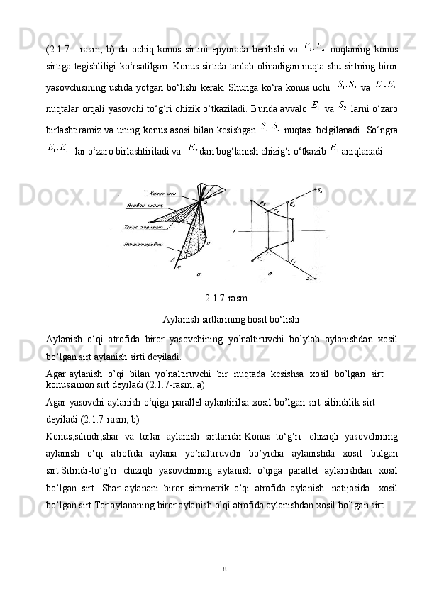 8(2.1.7   -   rasm,   b)   da   ochiq   konus   sirtini   epyurada   berilishi   va     nuqtaning   konus
sirtiga tegishliligi ko‘rsatilgan. Konus sirtida tanlab olinadigan nuqta shu sirtning   biror
yasovchisining ustida yotgan bo‘lishi  kerak. Shunga ko‘ra konus uchi     va  
nuqtalar orqali yasovchi to‘g‘ri chizik o‘tkaziladi. Bunda avvalo     va     larni o‘zaro
birlashtiramiz va uning konus asosi  bilan   kesishgan     nuqtasi   belgilanadi. So‘ngra
    lar o‘zaro birlashtiriladi va    dan bog‘lanish chizig‘i   o‘tkazib    aniqlanadi.
2.1.7-rasm
Aylanish   sirtlarining   hosil   bo‘lishi.
Aylanish   o‘qi   atrofida   biror   yasovchining   yo’naltiruvchi   bo’ylab   aylanishdan   xosil
bo’lgan   sirt   aylanish sirti   deyiladi.
Agar   aylanish   o’qi   bilan   yo’naltiruvchi   bir   nuqtada   kesishsa   xosil   bo’lgan   sirt 
konussimon   sirt   deyiladi   (2.1.7-rasm,   a).
Agar   yasovchi   aylanish   o‘qiga   parallel   aylantirilsa   xosil   bo’lgan   sirt   silindrlik   sirt
deyiladi   (2.1.7-rasm,   b)
Konus,silindr,shar   va   torlar   aylanish   sirtlaridir.Konus   to‘g‘ri   chiziqli   yasovchining
aylanish   o‘qi   atrofida   aylana   yo’naltiruvchi   bo’yicha   aylanishda   xosil   bulgan
sirt.Silindr-to’g’ri   chiziqli   yasovchining   aylanish   o`qiga   parallel   aylanishdan   xosil
bo’lgan   sirt.   Shar   aylanani   biror   simmetrik   o’qi   atrofida   aylanish   natijasida     xosil
bo’lgan   sirt.Tor aylananing   biror   aylanish   o’qi   atrofida   aylanishdan   xosil   bo’lgan   sirt. 