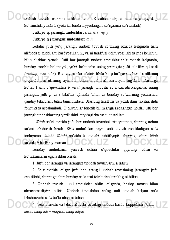 undosh   tovush   ekanini)   bilib   oladilar.   Kuzatish   natijasi   xattaxtaga   quyidagi
ko’rinishda yoziladi (yoki kartonda tayyorlangan ko’rgazma ko’rsatiladi):
Jufti yo’q, jarangli undoshlar:   l, m,	 n,	 r, ng,	 y
Jufti yo’q jarangsiz undoshlar:   q ,	
 h
Bolalar   jufti   yo’q   jarangli   undosh   tovush   so’zning   oxirida   kelganda   ham
alifbodagi xuddi shu harf yozilishini, ya’ni talaffuzi doim yozilishiga mos kelishini
bilib   olishlari   yetarli.   Jufti   bor   jarangli   undosh   tovushlar   so’z   oxirida   kelganda,
bun day   moslik   bo’lmaydi,   ya’ni   ko’pincha   uning   jarangsiz   jufti   talaffuz   qilinadi
(maktap,	
 ozot	  kabi). Bunday so’zlar o’zbek tilida ko’p bo’lgani uchun I sinfdanoq
o’quvchilarni   ularning   ayrimlari   bilan   tanishtirish   zaruriyati   tug’iladi.   Dasturga
ko’ra,   I   sinf   o’quvchilari   b   va   d	
  jarangli   undoshi   so’z   oxirida   kelganda,   uning
jarangsiz   jufti   p	
  va   t	  talaffuz   qilinishi   bilan   va   bunday   so’zlarning   yozilishini
qanday tekshirish bilan tanishtiriladi. Ularning talaffuzi va yozilishini tekshirishda
fonetikaga asoslaniladi. O’quvchilar fonetik bilimlariga asoslangan holda, jufti bor
jarangli undoshlarning yozilishini quyidagicha tushuntiradilar: 
–   Kitob	
  so’zi   oxirida   jufti   bor   un dosh   tovushni   eshityapman,   shuning   uchun
so’zni   tekshirish   kerak.   SHu   undoshdan   keyin   unli   tovush   eshitiladigan   so’z
tanlayman:   kitobi.	
 Kitobi	  so’zida   b   tovushi   eshitilyapti,   shuning   uchun   kitob
so’zida  b  harfini yozaman.
Bunday   muhokama   yuritish   uchun   o’quvchilar   quyidagi   bilim   va
ko’nikmalarni egallashlari kerak:
1. Jufti bor jarangli va jarangsiz undosh tovushlarni ajratish.
2.   So’z   oxirida   kelgan   jufti   bor   jarangli   undosh   tovushning   jarangsiz   jufti
eshitilishi, shuning uchun bunday so’zlarni tekshirish kerakligini bilish.
3.   Undosh   tovush     unli   tovushdan   oldin   kelganda,   boshqa   tovush   bilan
almashmasligini   bilish.   Undosh   tovushdan   so’ng   unli   tovush   kelgan   so’z
tekshiruvchi so’z bo’la olishini bilish.
4. Tekshiruvchi va tekshiriluvchi so’zdagi undosh harfni taqqoslash   (kitobi	
 –
kitob,	
 maqsadi	 – maqsad,	 maqsadga).
25 