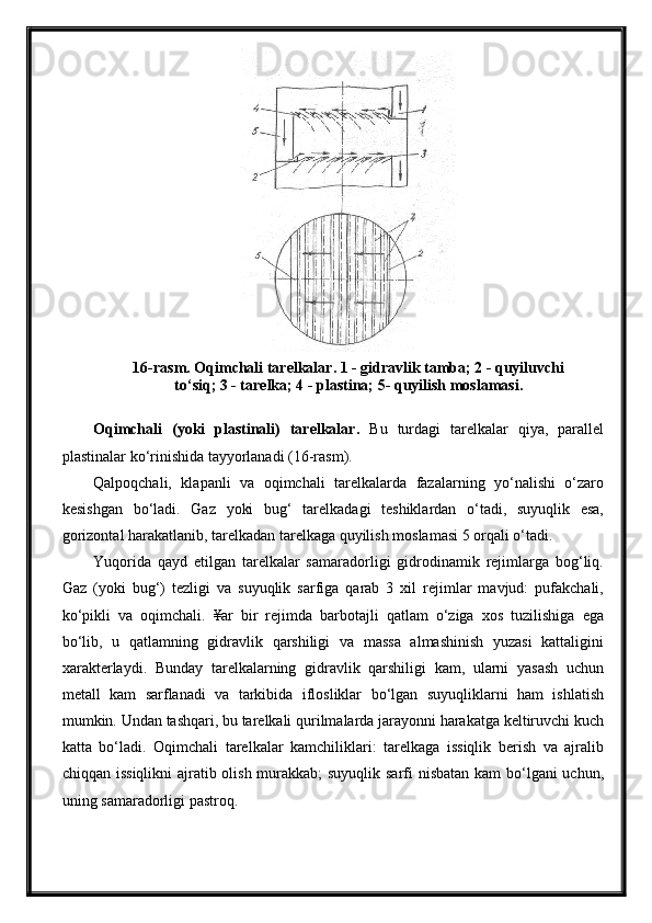 16-rasm. Oqimchali tarelkalar. 1 - gidravlik tamba; 2 - quyiluvchi
to‘siq; 3 - tarelka; 4 - plastina; 5- quyilish moslamasi.
Oqimchali   (yoki   plastinali)   tarelkalar.   Bu   turdagi   tarelkalar   qiya,   parallel
plastinalar ko‘rinishida tayyorlanadi (16-rasm).
Qalpoqchali,   klapanli   va   oqimchali   tarelkalarda   fazalarning   yo‘nalishi   o‘zaro
kesishgan   bo‘ladi.   Gaz   yoki   bug‘   tarelkadagi   teshiklardan   o‘tadi,   suyuqlik   esa,
gorizontal harakatlanib, tarelkadan tarelkaga quyilish moslamasi 5 orqali o‘tadi.
Yuqorida   qayd   etilgan   tarelkalar   samaradorligi   gidrodinamik   rejimlarga   bog‘liq.
Gaz   (yoki   bug‘)   tezligi   va   suyuqlik   sarfiga   qarab   3   xil   rejimlar   mavjud:   pufakchali,
ko‘pikli   va   oqimchali.   ¥ar   bir   rejimda   barbotajli   qatlam   o‘ziga   xos   tuzilishiga   ega
bo‘lib,   u   qatlamning   gidravlik   qarshiligi   va   massa   almashinish   yuzasi   kattaligini
xarakterlaydi.   Bunday   tarelkalarning   gidravlik   qarshiligi   kam,   ularni   yasash   uchun
metall   kam   sarflanadi   va   tarkibida   iflosliklar   bo‘lgan   suyuqliklarni   ham   ishlatish
mumkin. Undan tashqari, bu tarelkali qurilmalarda jarayonni harakatga keltiruvchi kuch
katta   bo‘ladi.   Oqimchali   tarelkalar   kamchiliklari:   tarelkaga   issiqlik   berish   va   ajralib
chiqqan issiqlikni  ajratib olish murakkab;  suyuqlik sarfi  nisbatan  kam  bo‘lgani uchun,
uning samaradorligi pastroq. 