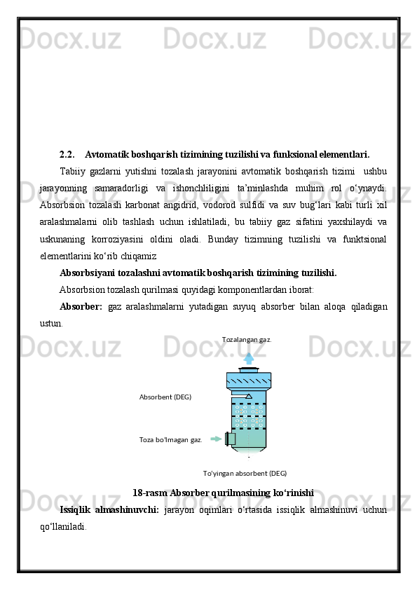 2.2. Avtomatik boshqarish tizimining tuzilishi va funksional elementlari.
Tabiiy   gazlarni   yutishni   tozalash   jarayonini   avtomatik   boshqarish   tizimi     ushbu
jarayonning   samaradorligi   va   ishonchliligini   ta’minlashda   muhim   rol   o‘ynaydi.
Absorbsion   tozalash   karbonat   angidrid,   vodorod   sulfidi   va   suv   bug‘lari   kabi   turli   xil
aralashmalarni   olib   tashlash   uchun   ishlatiladi,   bu   tabiiy   gaz   sifatini   yaxshilaydi   va
uskunaning   korroziyasini   oldini   oladi.   Bunday   tizimning   tuzilishi   va   funktsional
elementlarini ko‘rib chiqamiz
Absorbsiyani tozalashni avtomatik boshqarish tizimining tuzilishi.
Absorbsion tozalash qurilmasi quyidagi komponentlardan iborat:
Absorber:   gaz   aralashmalarni   yutadigan   suyuq   absorber   bilan   aloqa   qiladigan
ustun.
18-rasm Absorber qurilmasining ko‘rinishi
Issiqlik   almashinuvchi:   jarayon   oqimlari   o‘rtasida   issiqlik   almashinuvi   uchun
qo‘llaniladi. Absorbent (DEG)
Toza bo‘lmagan gaz. Tozalangan gaz.
To‘yingan absorbent (DEG) 