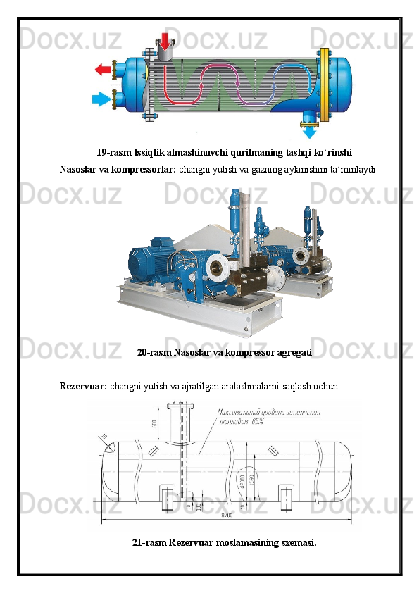 19-rasm Issiqlik almashinuvchi qurilmaning tashqi ko‘rinshi
Nasoslar va kompressorlar:  changni yutish va gazning aylanishini ta’minlaydi.
20-rasm Nasoslar va kompressor agregati
Rezervuar:  changni yutish va ajratilgan aralashmalarni saqlash uchun.
21-rasm Rezervuar moslamasining sxemasi. 