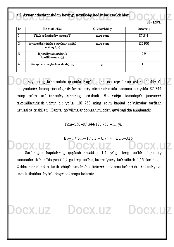 4.8  Avtomatlashtirishdan keyingi texnik-iqtisodiy ko‘rsatkichlar .
18-jadval
№ Ko‘rsatkichlar O‘lchov birligi Summasi
1 Yillik sof iqtisodiy samara(S) m ing .sum. 87 344
2 Avtomatlashtirishga quyilgan capital
mablag‘(K) m ing .sum. 120 950
3 Iqtisodiy samaradorlik
koeffitsiyenti (E
ef ) 0.9
4 Xarajatlarni saqlash muddati (Т
km ) yil 1.1
Jarayonning   ta’minotchi   qismida   Bug‘   qozoni   ish   rejimlarini   avtomatlashtirish
jarayonlarini   boshqarish   algoritmlarini   joriy   etish   natijasida   korxona   bir   yilda   87   344
ming   so‘m   sof   iqtisodiy   samaraga   erishadi.   Bu   natija   texnologik   jarayonni
takomillashtirish   uchun   bir   yo‘la   120   950   ming   so‘m   kapital   qo‘yilmalar   sarflash
natijasida erishiladi. Kapital qo‘yilmalar qoplash muddati quyidagicha aniqlanadi:
Tkm=S/K=87 344/120 950   =1.1 yil
E
ef = 1 / Т
km  = 1 / 1. 1  = 0, 9    >    E
norm =0,15
Sarflangan   kapitalning   qoplash   muddati   1.1   yilga   teng   bo‘ldi.   Iqtisodiy
samaradorlik koeffitsiyenti  0,9 ga teng bo‘lib, bu me’yoriy ko‘rsatkich 0,15 dan katta.
Ushbu   natijalardan   kelib   chiqib   xavfsizlik   tizimini     avtomatlashtirish     iqtisodiy   va
texnik jihatdan foydali degan xulosaga kelamiz.
.