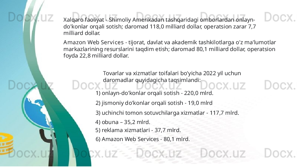 Xalqaro faoliyat - Shimoliy Amerikadan tashqaridagi omborlardan onlayn-
do'konlar orqali sotish; daromad 118,0 milliard dollar, operatsion zarar 7,7 
milliard dollar.  
A mazon Web Serv ices  -  tijorat, davlat va akademik tashkilotlarga o'z ma'lumotlar 
markazlarining resurslarini taqdim etish; daromad 80,1 milliard dollar, operatsion 
foyda 22,8 milliard dollar.
Tovarlar va xizmatlar toifalari bo'yicha 2022 yil uchun 
daromadlar quyidagicha taqsimlandi:  
1)  onlayn-do'konlar orqali sotish - 220,0 mlrd.  
2)  jismoniy do'konlar orqali sotish - 19,0 mlrd
3)  uchinchi tomon sotuvchilarga xizmatlar - 117,7 mlrd.  
4)  obuna – 35,2 mlrd.  
5)  reklama xizmatlari - 37,7 mlrd .
6)  Amazon Web Services - 80,1 mlrd.   