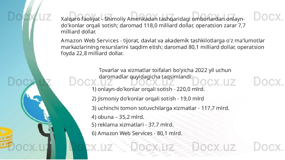 Xalqaro faoliyat - Shimoliy Amerikadan tashqaridagi omborlardan onlayn-
do'konlar orqali sotish; daromad 118,0 milliard dollar, operatsion zarar 7,7 
milliard dollar.  
A mazon Web Serv ices  -  tijorat, davlat va akademik tashkilotlarga o'z ma'lumotlar 
markazlarining resurslarini taqdim etish; daromad 80,1 milliard dollar, operatsion 
foyda 22,8 milliard dollar.
Tovarlar va xizmatlar toifalari bo'yicha 2022 yil uchun 
daromadlar quyidagicha taqsimlandi:  
1)  onlayn-do'konlar orqali sotish - 220,0 mlrd.  
2)  jismoniy do'konlar orqali sotish - 19,0 mlrd
3)  uchinchi tomon sotuvchilarga xizmatlar - 117,7 mlrd.  
4)  obuna – 35,2 mlrd.  
5)  reklama xizmatlari - 37,7 mlrd .
6)  Amazon Web Services - 80,1 mlrd.