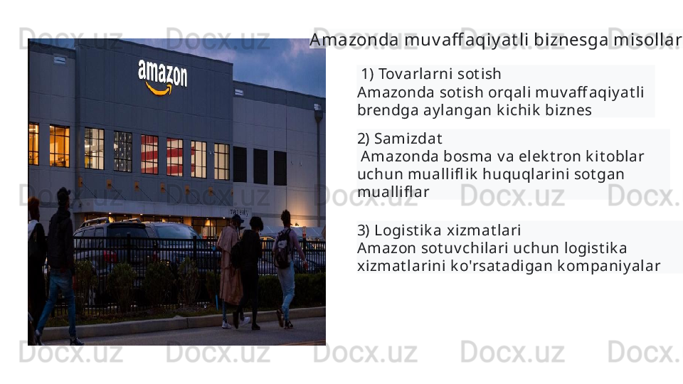 Amazonda muv aff aqiy at li biznesga misollar  
  1)  Tov arlarni sot ish 
Amazonda sot ish orqali muv aff aqiy at li 
brendga ay langan k ichik  biznes  
2)  Samizdat
  Amazonda bosma v a elek t ron k it oblar 
uchun muallifl ik  huquqlarini sot gan 
muallifl ar  
3)  Logist ik a x izmat lari 
Amazon sot uv chilari uchun logist ik a 
xizmat larini k o'rsat adigan k ompaniy alar   