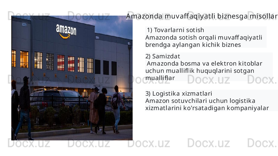 Amazonda muv aff aqiy at li biznesga misollar  
  1)  Tov arlarni sot ish 
Amazonda sot ish orqali muv aff aqiy at li 
brendga ay langan k ichik  biznes  
2)  Samizdat
  Amazonda bosma v a elek t ron k it oblar 
uchun muallifl ik  huquqlarini sot gan 
muallifl ar  
3)  Logist ik a x izmat lari 
Amazon sot uv chilari uchun logist ik a 
xizmat larini k o'rsat adigan k ompaniy alar
