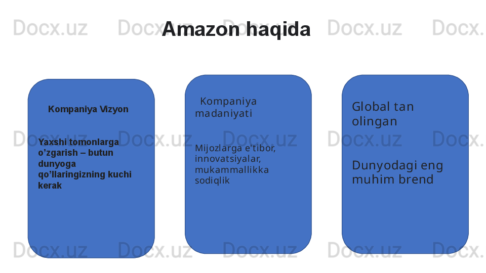 Amazon haqida
   Kompaniy a 
madaniy at i
Mijozlarga e't ibor, 
innov at siy alar, 
muk ammallik k a 
sodiql ik  
  Global t an 
olingan
Duny odagi eng 
muhim brend  
      
     Kompaniya Vizyon
Yaxshi tomonlarga 
o’zgarish – butun 
dunyoga 
qo’llaringizning kuchi 
kerak 