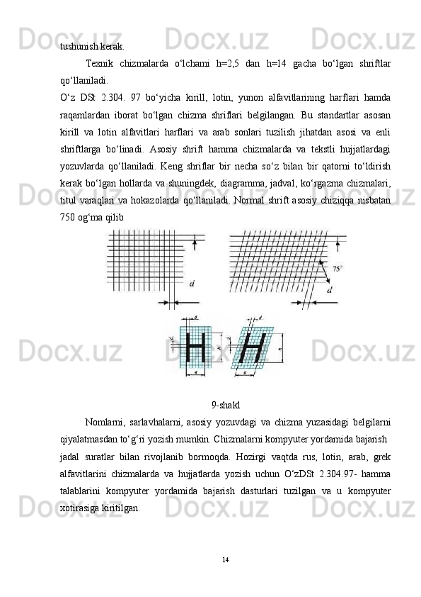 tushunish kerak.
Texnik   chizmalarda   o‘lchami   h=2,5   dan   h=14   gacha   bo‘lgan   shriftlar
qo‘llaniladi.
O‘z   DSt   2.304.   97   bo‘yicha   kirill,   lotin,   yunon   alfavitlarining   harflari   hamda
raqamlardan   iborat   bo‘lgan   chizma   shriflari   belgilangan.   Bu   standartlar   asosan
kirill   va   lotin   alfavitlari   harflari   va   arab   sonlari   tuzilish   jihatdan   asosi   va   enli
shriftlarga   bo‘linadi.   Asosiy   shrift   hamma   chizmalarda   va   tekstli   hujjatlardagi
yozuvlarda   qo‘llaniladi.   Keng   shriflar   bir   necha   so‘z   bilan   bir   qatorni   to‘ldirish
kerak  bo‘lgan  hollarda  va  shuningdek,   diagramma,  jadval,  ko‘rgazma  chizmalari,
titul  varaqlari  va hokazolarda qo‘llaniladi. Normal  shrift  asosiy  chiziqqa nisbatan
750 og‘ma qilib
9-shakl
Nomlarni,   sarlavhalarni,   asosiy   yozuvdagi   va   chizma   yuzasidagi   belgilarni
qiyalatmasdan to‘g‘ri yozish mumkin. Chizmalarni kompyuter yordamida bajarish
jadal   suratlar   bilan   rivojlanib   bormoqda.   Hozirgi   vaqtda   rus,   lotin,   arab,   grek
alfavitlarini   chizmalarda   va   hujjatlarda   yozish   uchun   O‘zDSt   2.304.97-   hamma
talablarini   kompyuter   yordamida   bajarish   dasturlari   tuzilgan   va   u   kompyuter
xotirasiga kiritilgan.
14