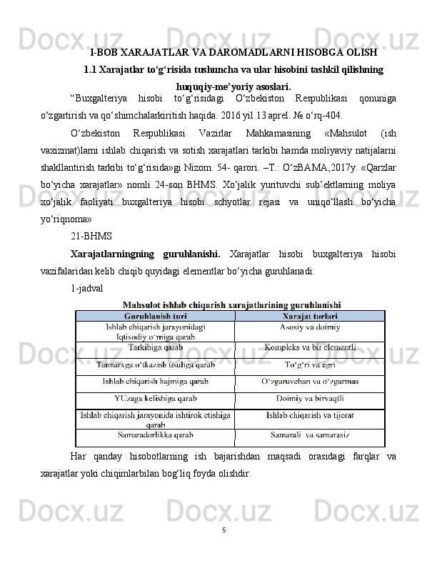 5I-BOB XARAJATLAR   VA   DAROMADLARNI   HISOBGA   OLISH
1.1 Xarajatlar   to‘g‘risida   tushuncha   va   ular   hisobini   tashkil   qilishning
huquqiy-me’yoriy   asoslari.
“Buxgalteriya   hisobi   to‘g‘risidagi   O‘zbekiston   Respublikasi   qonuniga
o‘zgartirish va qo‘shimchalarkiritish haqida. 2016 yil 13 aprel. № o‘rq-404.
O‘zbekiston   Respublikasi   Vazirlar   Mahkamasining   «Mahsulot   (ish
vaxizmat)larni ishlab chiqarish va sotish xarajatlari tarkibi hamda moliyaviy natijalarni
shakllantirish tarkibi to‘g‘risida»gi Nizom. 54- qarori. –T.: O‘zBAMA,2017y. «Qarzlar
bo‘yicha   xarajatlar»   nomli   24-son   BHMS.   Xo‘jalik   yurituvchi   sub’ektlarning   moliya
xo‘jalik   faoliyati   buxgalteriya   hisobi   schyotlar   rejasi   va   uniqo‘llash   bo‘yicha
yo‘riqnoma»
21- BHMS
Xarajatlarningning   guruhlanishi.   Xarajatlar   hisobi   buxgalteriya   hisobi
vazifalaridan kelib chiqib quyidagi elementlar bo‘yicha guruhlanadi:
1-jadval
Har   qanday   hisobotlarning   ish   bajarishdan   maqsadi   orasidagi   farqlar   va
xarajatlar yoki chiqimlarbilan bog‘liq foyda olishdir. 