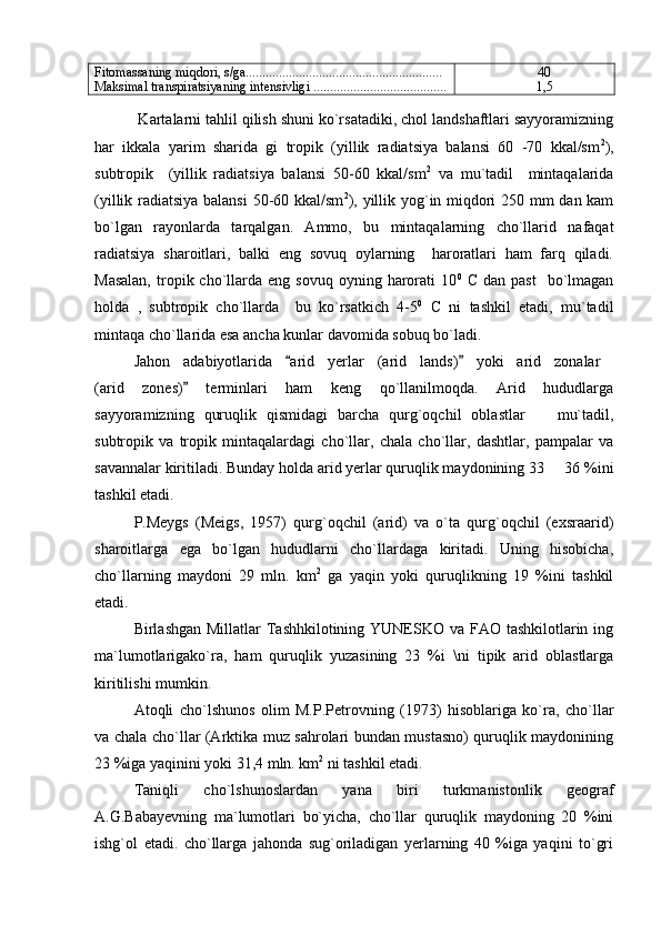Fitomassaning miqdori, s/ga...........................................................
Maksimal transpiratsiyaning intensivligi ........................................ 40
1,5
 Kartalarni tahlil qilish shuni ko`rsatadiki, chol landshaftlari sayyoramizning
har   ikkala   yarim   sharida   gi   tropik   (yillik   radiatsiya   balansi   60   -70   kkal/sm 2
),
subtropik     (yillik   radiatsiya   balansi   50-60   kkal/sm 2
  va   mu`tadil     mintaqalarida
(yillik radiatsiya balansi  50-60 kkal/sm 2
), yillik yog`in miqdori 250 mm dan kam
bo`lgan   rayonlarda   tarqalgan.   Ammo,   bu   mintaqalarning   cho`llarid   nafaqat
radiatsiya   sharoitlari,   balki   eng   sovuq   oylarning     haroratlari   ham   farq   qiladi.
Masalan,  tropik  cho`llarda  eng  sovuq   oyning  harorati  10 0
  C  dan  past     bo`lmagan
holda   ,   subtropik   cho`llarda     bu   ko`rsatkich   4-5 0
  C   ni   tashkil   etadi,   mu`tadil
mintaqa cho`llarida esa ancha kunlar davomida sobuq bo`ladi.
Jahon   adabiyotlarida   arid   yerlar   (arid   lands)   yoki   arid   zonalar   
(arid   zones)   terminlari   ham   keng   qo`llanilmoqda.   Arid   hududlarga	

sayyoramizning   quruqlik   qismidagi   barcha   qurg`oqchil   oblastlar     mu`tadil,	

subtropik   va   tropik   mintaqalardagi   cho`llar,   chala   cho`llar,   dashtlar,   pampalar   va
savannalar kiritiladi. Bunday holda arid yerlar quruqlik maydonining 33   36 %ini	

tashkil etadi.
P.Meygs   (Meigs,   1957)   qurg`oqchil   (arid)   va   o`ta   qurg`oqchil   (exsraarid)
sharoitlarga   ega   bo`lgan   hududlarni   cho`llardaga   kiritadi.   Uning   hisobicha,
cho`llarning   maydoni   29   mln.   km 2
  ga   yaqin   yoki   quruqlikning   19   %ini   tashkil
etadi.
Birlashgan Millatlar Tashhkilotining YUNESKO va FAO tashkilotlarin ing
ma`lumotlarigako`ra,   ham   quruqlik   yuzasining   23   %i   \ni   tipik   arid   oblastlarga
kiritilishi mumkin.
Atoqli   cho`lshunos   olim   M.P.Petrovning   (1973)   hisoblariga   ko`ra,   cho`llar
va chala cho`llar (Arktika muz sahrolari bundan mustasno) quruqlik maydonining
23 %iga yaqinini yoki 31,4 mln. km 2
 ni tashkil etadi.
Taniqli   cho`lshunoslardan   yana   biri   turkmanistonlik   geograf
A.G.Babayevning   ma`lumotlari   bo`yicha,   cho`llar   quruqlik   maydoning   20   %ini
ishg`ol   etadi.   cho`llarga   jahonda   sug`oriladigan   yerlarning   40   %iga   yaqini   to`gri 