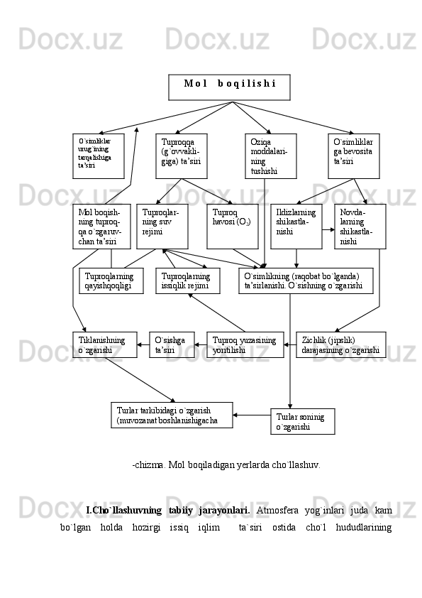                                            
-chizma. Mol boqiladigan yerlarda cho`llashuv.
I.Cho`llashuvning   tabiiy   jarayonlari.   Atmosfera   yog`inlari   juda   kam
bo`lgan   holda   hozirgi   issiq   iqlim     ta`siri   ostida   cho`l   hududlarining M o l     b o q i l i s h i
O`simliklar 
urug`ining 
tarqalishiga 
ta’siri Tuproqqa 
(g`ovvakli-
giga) ta’siri Oziqa 
moddalari-
ning 
tushishi O`simliklar
ga bevosita
ta’siri
Mol boqish-
ning tuproq-
qa o`zgaruv-
chan ta’siri Tuproqlar-
ning suv 
rejimi Tuproq 
havosi (O
2 ) Novda-
larning 
shikastla-
nishiIldizlarning
shikastla-
nishi
Tuproqlarning 
qayishqoqligi Tuproqlarning 
issiqlik rejimi O`simlikning (raqobat bo`lganda) 
ta’sirlanishi. O`sishning o`zgarishi
Tiklanishning 
o`zgarishi O`sishga 
ta’siri Tuproq yuzasining
yoritilishi Zichlik (jipslik) 
darajasining o`zgarishi
Turlar tarkibidagi o`zgarish 
(muvozanat boshlanishigacha Turlar soninig 
o`zgarishi 