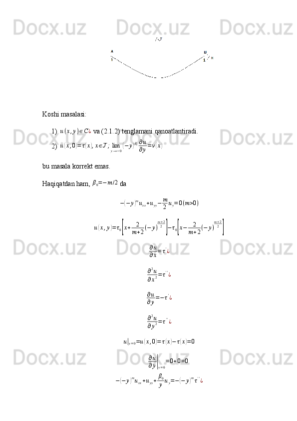 Koshi masalasi:
1) u ( x , y ) ∈ C ¿
 va (2.1.2) tenglamani qanoatlantiradi.
2)u(x,0)=	τ(x),x∈J;limy→−0(−	y)β0∂u
∂y=ν(x)
bu masala korrekt emas.
Haqiqatdan ham, 	
β0=−	m/2  da 
−	
( − y	) m
u
xx + u
yy − m
2 u
y = 0 ( m > 0 )	
u(x,y)=τ0[x+	2
m+2(−	y)
m+22	]−	τ0[x−	2
m+2(−	y)
m+22	]
∂ u
∂ x = τ '
¿
∂ 2
u
∂ x 2 = τ ' '
¿	
∂u
∂y=−τ'¿
∂ 2
u
∂ y 2 = τ ' '
¿	
u|y=0=u(x,0)=	τ(x)−	τ(x)=0
∂ u
∂ y	
|
y = 0 = 0 + 0 = 0
−	
( − y	) m
u
xx + u
yy + β
0
y u
y = −	( − y	) m
τ ' '
¿ 
