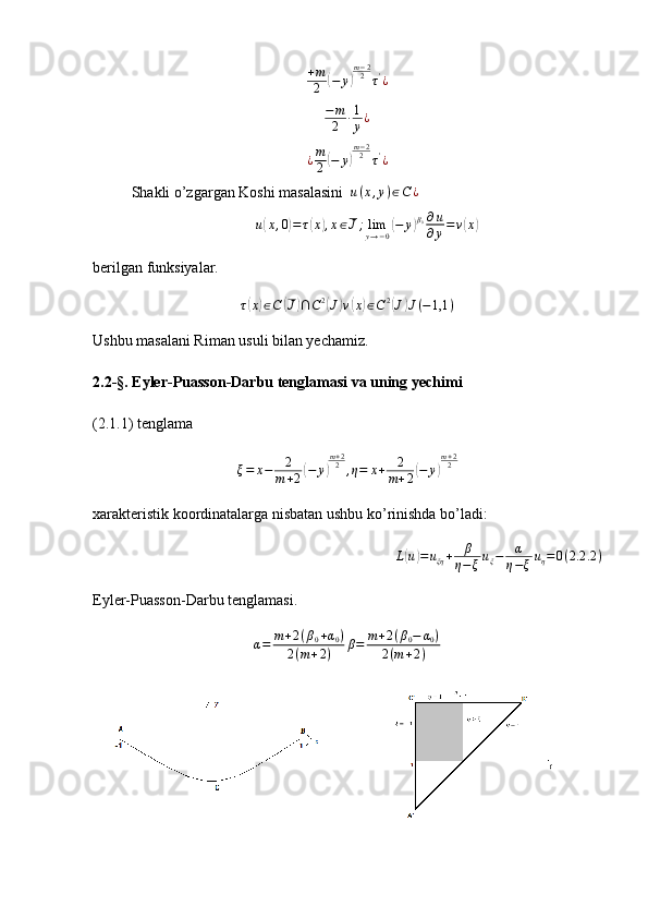 + m
2( − y	) m − 2
2
τ '
¿
− m
2 · 1
y ¿
¿ m
2	
( − y	) m − 2
2
τ '
¿
Shakli o’zgargan Koshi masalasini   u ( x , y ) ∈ C ¿
 
u	
( x , 0	) = τ	( x	) , x ∈ J ; lim
y → − 0	( − y	) β
0 ∂ u
∂ y = ν	( x	)
berilgan funksiyalar.
τ	
( x	) ∈ C	( J	) ∩ C 2	(
J	) ν	( x	) ∈ C 2	(
J	) J ( − 1,1 )
Ushbu masalani Riman usuli bilan yechamiz. 
2.2-§. Eyler-Puasson-Darbu tenglamasi va uning yechimi  
(2.1.1) tenglama
ξ = x − 2
m + 2	
( − y	) m + 2
2
, η = x + 2
m + 2	( − y	) m + 2
2
xarakteristik koordinatalarga nisbatan ushbu ko’rinishda bo’ladi:
L	
( u	) = u
ξη + β
η − ξ u
ξ − α
η − ξ u
η = 0 ( 2.2 .2 )
Eyler-Puasson-Darbu tenglamasi.
α = m + 2 ( β
0 + α
0 )
2 ( m + 2 ) β = m + 2 ( β
0 − α
0 )
2 ( m + 2 )
        