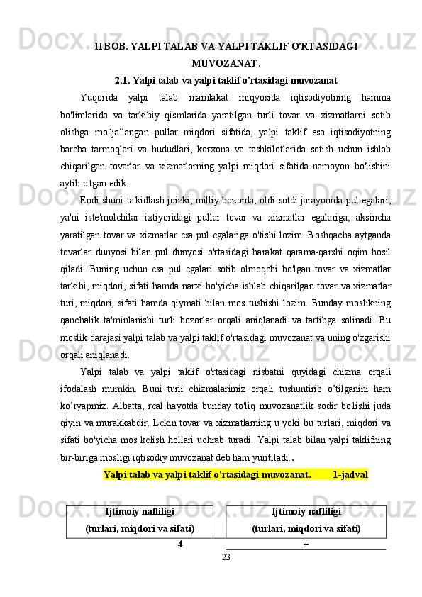 II BOB.  YALPI TALAB VA YALPI TAKLIF O'RTASIDAGI
MUVOZANAT .
2.1. Yalpi talab va yalpi taklif o'rtasidagi muvozanat
Yuqorida   yalpi   talab   mamlakat   miqyosida   iqtisodiyotning   hamma
bo'limlarida   va   tarkibiy   qismlarida   yaratilgan   turli   tovar   va   xizmatlarni   sotib
olishga   mo'ljallangan   pullar   miqdori   sifatida,   yalpi   taklif   esa   iqtisodiyotning
barcha   tarmoqlari   va   hududlari,   korxona   va   tashkilotlarida   sotish   uchun   ishlab
chiqarilgan   tovarlar   va   xizmatlarning   yalpi   miqdori   sifatida   namoyon   bo'lishini
aytib o'tgan edik.
Endi shuni ta'kidlash joizki, milliy bozorda, oldi-sotdi jarayonida pul egalari,
ya'ni   iste'molchilar   ixtiyoridagi   pullar   tovar   va   xizmatlar   egalariga,   aksincha
yaratilgan tovar va xizmatlar esa pul egalariga o'tishi lozim. Boshqacha aytganda
tovarlar   dunyosi   bilan   pul   dunyosi   o'rtasidagi   harakat   qarama-qarshi   oqim   hosil
qiladi.   Buning   uchun   esa   pul   egalari   sotib   olmoqchi   bo'lgan   tovar   va   xizmatlar
tarkibi, miqdori, sifati hamda narxi bo'yicha ishlab chiqarilgan tovar va xizmatlar
turi,   miqdori,   sifati   hamda   qiymati   bilan   mos   tushishi   lozim.   Bunday   moslikning
qanchalik   ta'minlanishi   turli   bozorlar   orqali   aniqlanadi   va   tartibga   solinadi.   Bu
moslik darajasi yalpi talab va yalpi taklif o'rtasidagi muvozanat va uning o'zgarishi
orqali aniqlanadi.
Yalpi   talab   va   yalpi   taklif   o'rtasidagi   nisbatni   quyidagi   chizma   orqali
ifodalash   mumkin.   Buni   turli   chizmalarimiz   orqali   tushuntirib   o’tilganini   ham
ko’ryapmiz.   Albatta,   real   hayotda   bunday   to'liq   muvozanatlik   sodir   bo'lishi   juda
qiyin va murakkabdir. Lekin tovar va xizmatlarning u yoki bu turlari, miqdori va
sifati   bo'yicha   mos   kelish   hollari   uchrab   turadi.   Yalpi   talab   bilan  yalpi   taklifning
bir-biriga mosligi iqtisodiy muvozanat deb ham yuritiladi. .
Yalpi talab va yalpi taklif o'rtasidagi muvozanat .          1-jadval
Ijtimoiy nafliligi 
(turlari, miqdori va sifati) Ijtimoiy nafliligi 
(turlari, miqdori va sifati)
4 +
23 