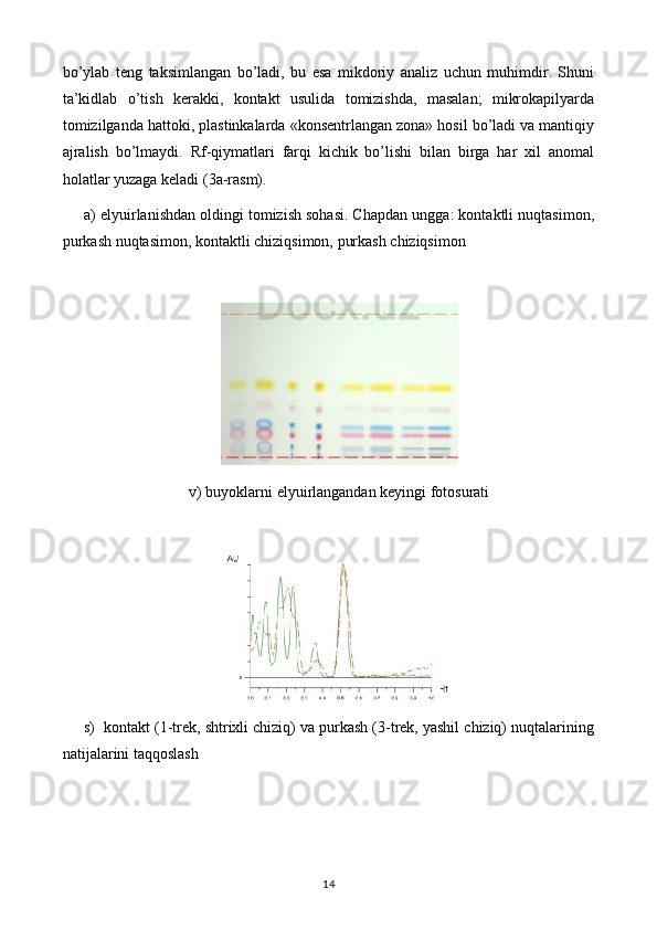 bo’ylab   teng   taksimlangan   bo’ladi,   bu   esa   mikdoriy   analiz   uchun   muhimdir.   Shuni
ta’kidlab   o’tish   kerakki,   kontakt   usulida   tomizishda,   masalan;   mikrokapilyarda
tomizilganda hattoki, plastinkalarda «konsentrlangan zona» hosil bo’ladi va mantiqiy
ajralish   bo’lmaydi.   Rf-qiymatlari   farqi   kichik   bo’lishi   bilan   birga   har   xil   anomal
holatlar yuzaga keladi (3a-rasm).
a) elyuirlanishdan oldingi tomizish sohasi. Chapdan ungga: kontaktli nuqtasimon,
purkash nuqtasimon, kontaktli chiziqsimon, purkash chiziqsimon
v) buyoklarni elyuirlangandan keyingi fotosurati
s)  kontakt (1-trek, shtrixli chiziq) va purkash (3-trek, yashil chiziq) nuqtalarining
natijalarini taqqoslash
14 