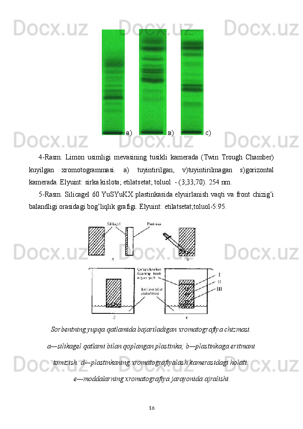   а )       в )       с )
4-Rasm.   Limon   usimligi   mevasining   tusikli   kamerada   (Twin   Trough   Chamber)
kuyilgan   xromotogrammasi.   a)   tuyintirilgan,   v)tuyintirilmagan   s)gorizontal
kamerada. Elyuint: sirka kislota; etilatsetat; toluol  - (3;33;70). 254 nm.
5-Rasm. Silicagel 60 YuSYuKX plastinkasida elyuirlanish vaqti va front chizig’i
balandligi orasidagi bog’liqlik grafigi. Elyuint: etilatsetat;toluol-5:95.
Sorbentning yupqa qatlamida bajariladigan xromatografiya chizmasi.
a—silikagel qatlami bilan qoplangan plastinka; b—plastinkaga eritmani
tomizish: d—plastinkaning xromatografiyalash kamerasidagi holati:
 e—moddalarning xromatografiya jarayonida ajralishi.
16 