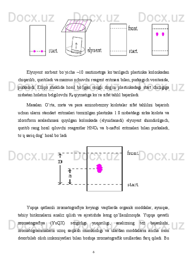 Elyuyеnt   sorbеnt   bo`yicha   ~10   santimеtrga   ko`tarilgach   plastinka   kolonkadan
chiqarilib, quritiladi va maxsus ochuvchi rеagеnt eritmasi bilan, purkagich vositasida,
purkaladi.   Ellips   shaklida   hosil   bo`lgan   rangli   dog`ni   plastinkadagi   start   chizigiga
nisbatan holatini bеlgilovchi R
f  qiymatiga ko`ra sifat tahlil bajariladi.
Masalan.   O’rta,   mеta   va   para   aminobеnzoy   kislotalar   sifat   tahlilini   bajarish
uchun   ularni   standart   eritmalari   tomizilgan   plastinka   1:8   nisbatdagi   sirka   kislota   va
xloroform   aralashmasi   quyilgan   kolonkada   (elyuirlanadi)   elyuyеnt   shimdirilgach,
quritib   rang   hosil   qiluvchi   rеagеntlar   HNO
2   va   b-naftol   eritmalari   bilan   purkaladi,
to`q sariq dog’ hosil bo`ladi
Yupqa   qatlamli   xromatografiya   keyingi   vaqtlarda   organik   moddalar,   ayniqsa,
tabiiy   birikmalarni   analiz   qilish   va   ajratishda   keng   qo’llanilmoqda.   Yupqa   qavatli
xromatografiya   (YuQX)   sezgirligi   yuqoriligi,   analizning   tez   bajarilishi,
xromatogrammalarni   uzoq   saqlash   mumkinligi   va   ulardan   moddalarni   ancha   oson
desorbilab olish imkoniyatlari bilan boshqa xromatografik usullardan farq qiladi. Bu
6 
