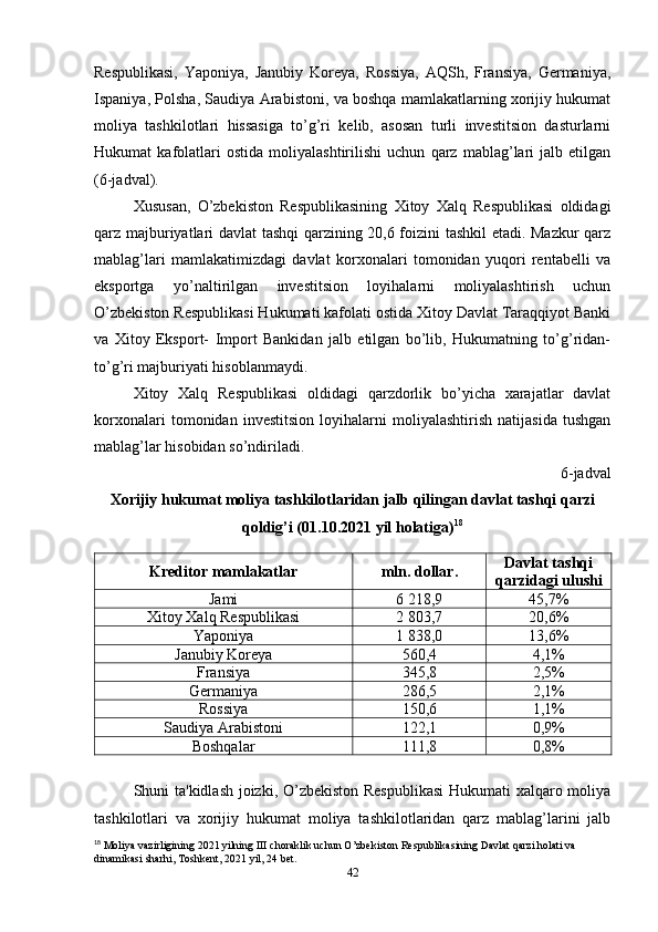 Respublikasi,   Yaponiya,   Janubiy   Koreya,   Rossiya,   AQSh,   Fransiya,   Germaniya,
Ispaniya, Polsha, Saudiya Arabistoni, va boshqa mamlakatlarning xorijiy hukumat
moliya   tashkilotlari   hissasiga   to’g’ri   kelib,   asosan   turli   investitsion   dasturlarni
Hukumat   kafolatlari   ostida   moliyalashtirilishi   uchun   qarz   mablag’lari   jalb   etilgan
(6-jadval). 
Xususan,   O’zbekiston   Respublikasining   Xitoy   Xalq   Respublikasi   oldidagi
qarz majburiyatlari davlat tashqi  qarzining 20,6 foizini tashkil etadi. Mazkur  qarz
mablag’lari   mamlakatimizdagi   davlat   korxonalari   tomonidan   yuqori   rentabelli   va
eksportga   yo’naltirilgan   investitsion   loyihalarni   moliyalashtirish   uchun
O’zbekiston Respublikasi Hukumati kafolati ostida Xitoy Davlat Taraqqiyot Banki
va   Xitoy   Eksport-   Import   Bankidan   jalb   etilgan   bo’lib,   Hukumatning   to’g’ridan-
to’g’ri majburiyati hisoblanmaydi. 
Xitoy   Xalq   Respublikasi   oldidagi   qarzdorlik   bo’yicha   xarajatlar   davlat
korxonalari   tomonidan   investitsion   loyihalarni   moliyalashtirish   natijasida   tushgan
mablag’lar hisobidan so’ndiriladi.
6-jadval
Xorijiy hukumat moliya tashkilotlaridan jalb qilingan davlat tashqi qarzi
qoldig’i (01.10.2021 yil holatiga) 18
Kreditor mamlakatlar mln .  dollar . Davlat tashqi
qarzidagi ulushi
Jami 6 218,9 45,7%
Xitoy Xalq Respublikasi 2 803,7 20,6%
Yaponiya 1 838,0 13,6%
Janubiy Koreya 560,4 4,1%
Fransiya 345,8 2,5%
Germaniya 286,5 2,1%
Rossiya 150,6 1,1%
Saudiya Arabistoni 122,1 0,9%
Boshqalar 111,8 0,8%
Shuni ta'kidlash joizki, O’zbekiston Respublikasi  Hukumati xalqaro moliya
tashkilotlari   va   xorijiy   hukumat   moliya   tashkilotlaridan   qarz   mablag’larini   jalb
18
 Moliya vazirligining 2021 yilning III choraklik uchun O’zbekiston Respublikasining Davlat qarzi holati va 
dinamikasi sharhi, Toshkent, 2021 yil, 24 bet.
42 
