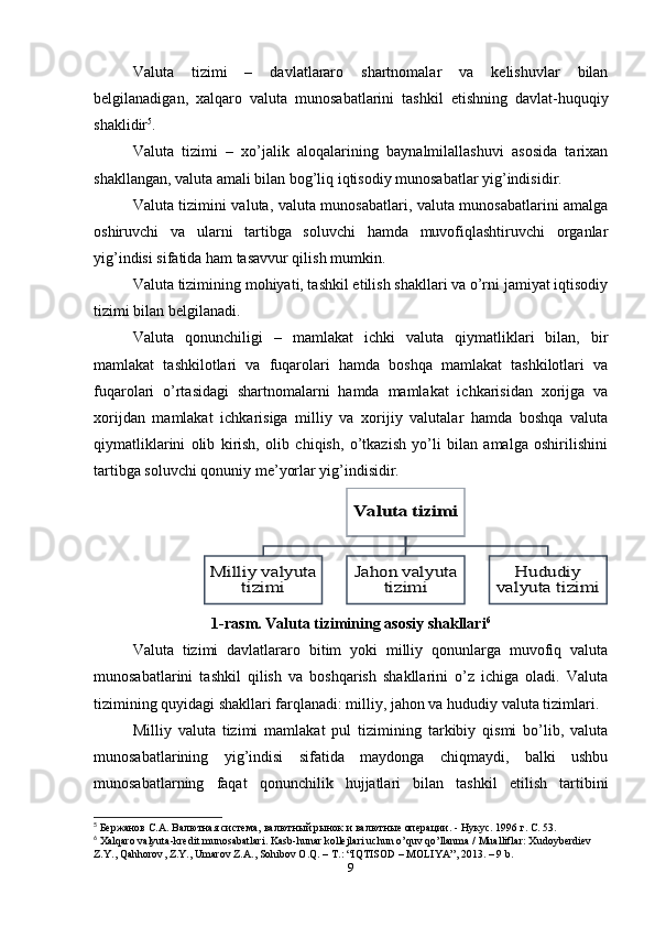 Valuta   tizimi   –   davlatlararo   shartnomalar   va   kelishuvlar   bilan
belgilanadigan,   xalqaro   valuta   munosabatlarini   tashkil   etishning   davlat-huquqiy
shaklidir 5
.
Valuta   tizimi   –   xo’jalik   aloqalarining   baynalmilallashuvi   asosida   tarixan
shakllangan, valuta amali bilan bog’liq iqtisodiy munosabatlar yig’indisidir. 
Valuta tizimini valuta, valuta munosabatlari, valuta munosabatlarini amalga
oshiruvchi   va   ularni   tartibga   soluvchi   hamda   muvofiqlashtiruvchi   organlar
yig’indisi sifatida ham tasavvur qilish mumkin. 
Valuta tizimining mohiyati, tashkil etilish shakllari va o’rni jamiyat iqtisodiy
tizimi bilan belgilanadi. 
Valuta   qonunchiligi   –   mamlakat   ichki   valuta   qiymatliklari   bilan,   bir
mamlakat   tashkilotlari   va   fuqarolari   hamda   boshqa   mamlakat   tashkilotlari   va
fuqarolari   o’rtasidagi   shartnomalarni   hamda   mamlakat   ichkarisidan   xorijga   va
xorijdan   mamlakat   ichkarisiga   milliy   va   xorijiy   valutalar   hamda   boshqa   valuta
qiymatliklarini   olib   kirish,   olib   chiqish,   o’tkazish   yo’li   bilan   amalga   oshirilishini
tartibga soluvchi qonuniy me’yorlar yig’indisidir.
1-rasm. Valuta tizimining asosiy shakllari 6
Valuta   tizimi   davlatlararo   bitim   yoki   milliy   qonunlarga   muvofiq   valuta
munosabatlarini   tashkil   qilish   va   boshqarish   shakllarini   o’z   ichiga   oladi.   Valuta
tizimining quyidagi shakllari farqlanadi: milliy, jahon va hududiy valuta tizimlari. 
Milliy   valuta   tizimi   mamlakat   pul   tizimining   tarkibiy   qismi   bo’lib,   valuta
munosabatlarining   yig’indisi   sifatida   maydonga   chiqmaydi,   balki   ushbu
munosabatlarning   faqat   qonunchilik   hujjatlari   bilan   tashkil   etilish   tartibini
5
 Бержанов С.А. Валютная система, валютный рынок и валютные операции. - Нукус. 1996 г. С. 53.
6
  Xalqaro   valyuta - kredit   munosabatlari .  Kasb - hunar   kollejlari   uchun   o ’ quv   qo ’ llanma  /  Mualliflar :  Xudoyberdiev  
Z . Y .,  Qahhorov ,  Z . Y .,  Umarov   Z . A .,  Sohibov   O . Q . –  T .: “ IQTISOD  –  MOLIYA ”, 2013. – 9  b .
9Valuta tizimi	
Milliy valyuta 	
tizimi	
Jahon valyuta 	
tizimi	
Hududiy 	
valyuta tizimi 